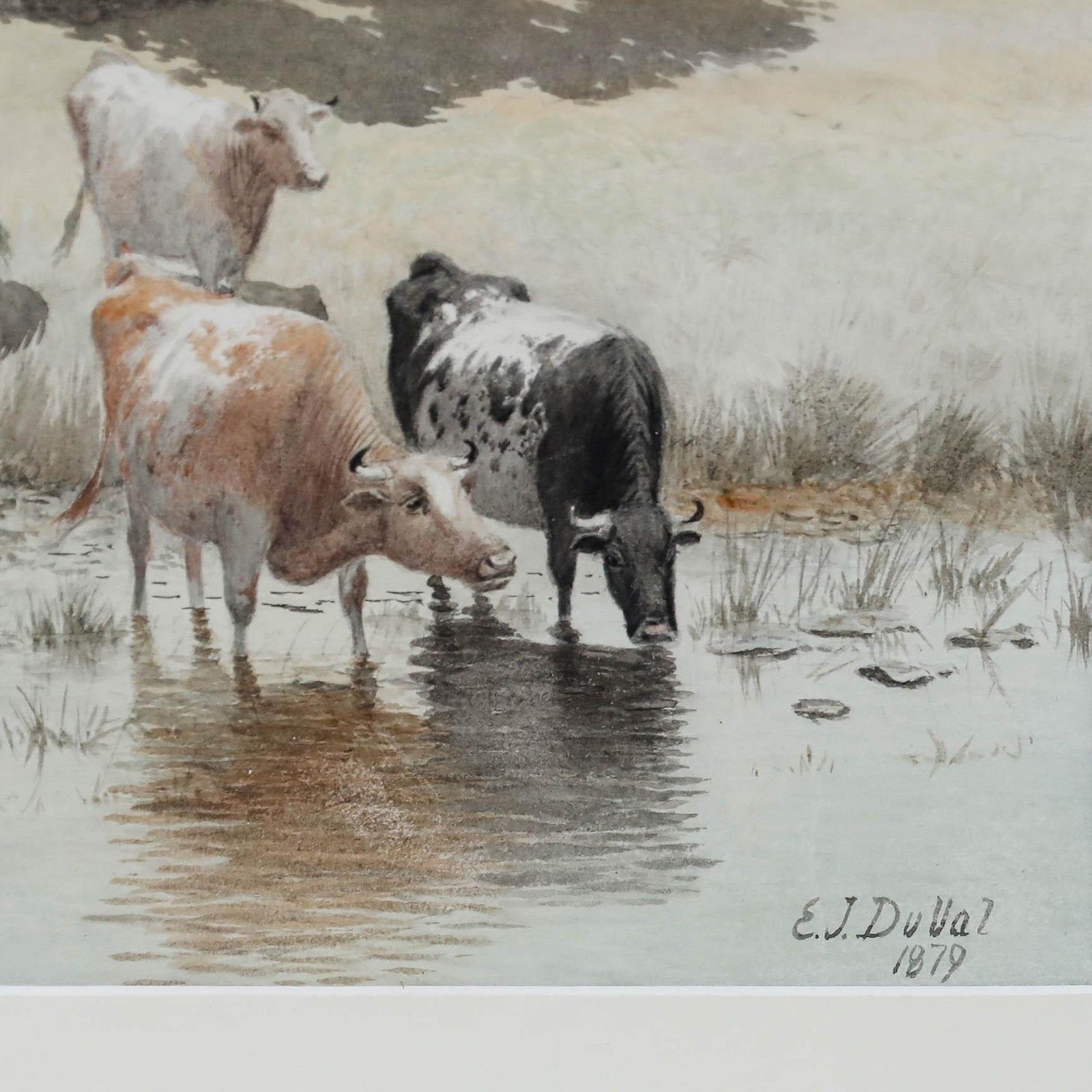 Edward J. Duval (Fl.1876 1916) Framed  Watercolour, Cattle Watering photo vinterior