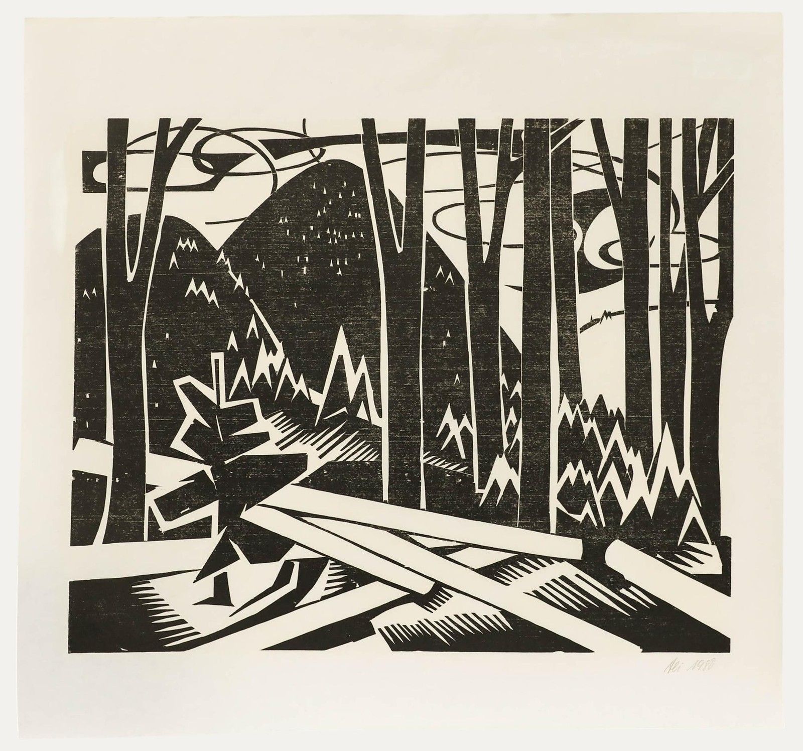 Ali Kurt Baumgarten (1914 2009) 1980 Woodcut, Woodland Landscape