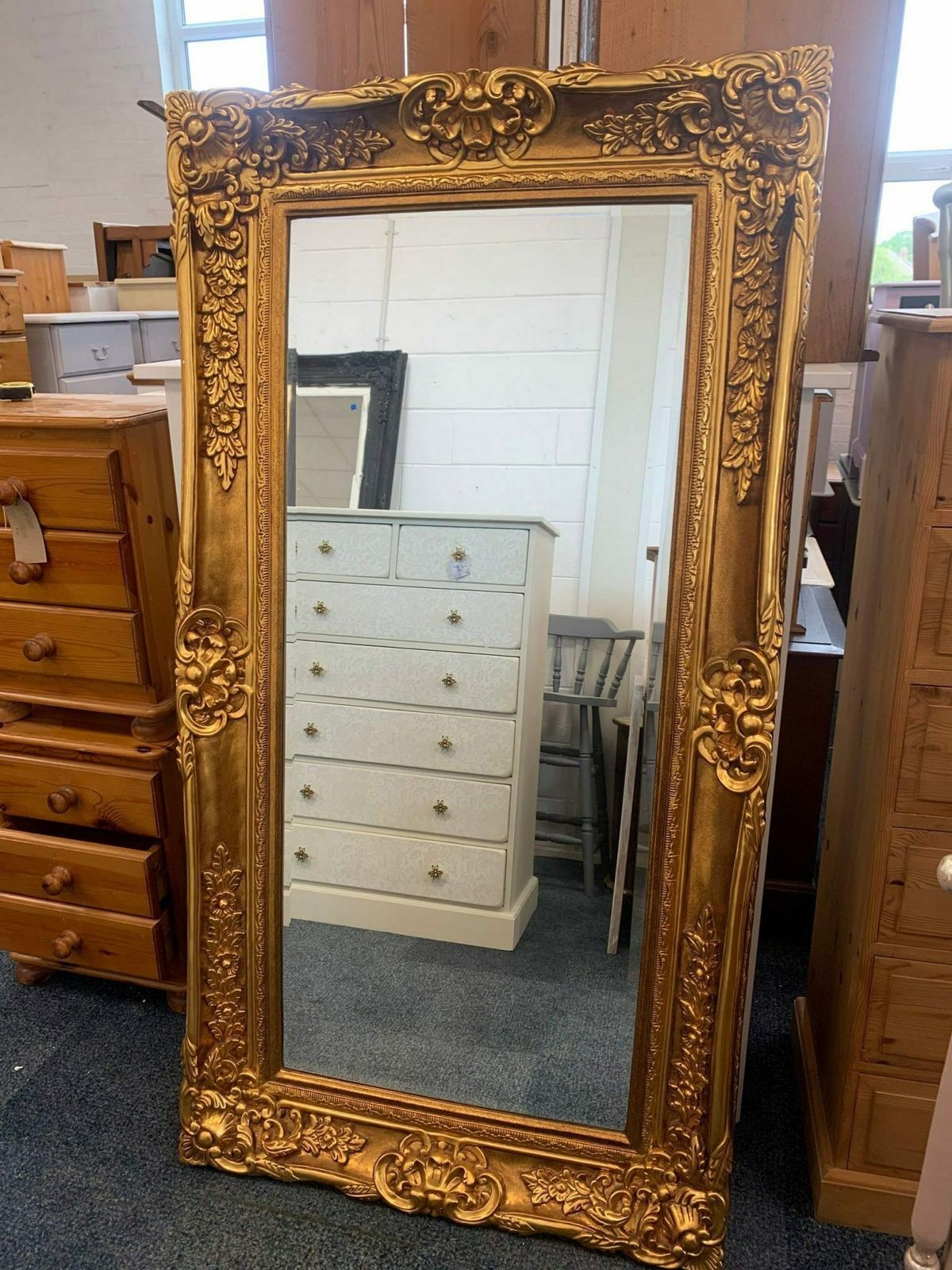 Large Mirror French Baroque Antique Ornate Painted Gold Leaf Stencilled