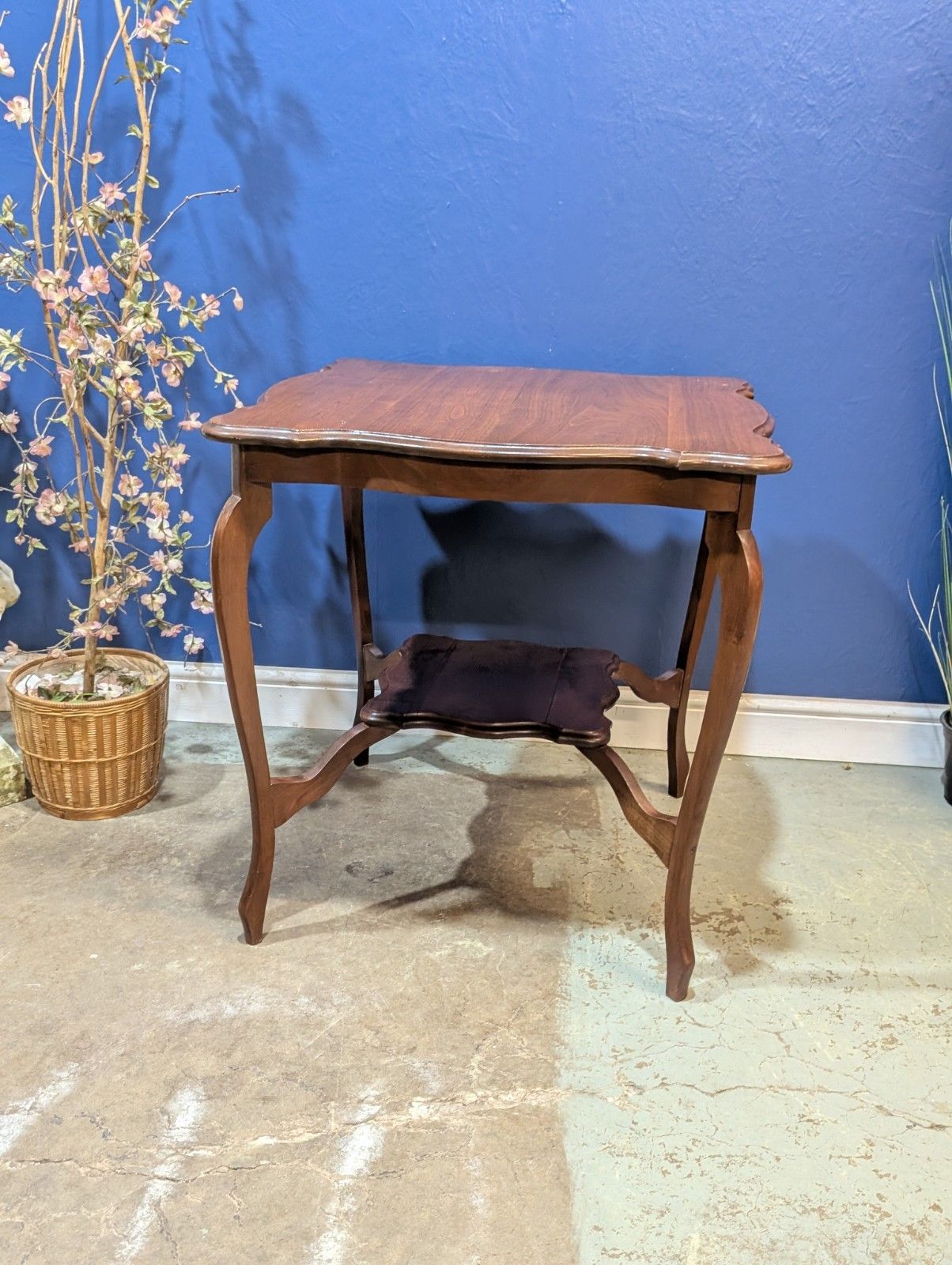 Antique Mahogany Side Table Wooden Art Deco Window  Scalloped Top 2 Tier End photo vintage