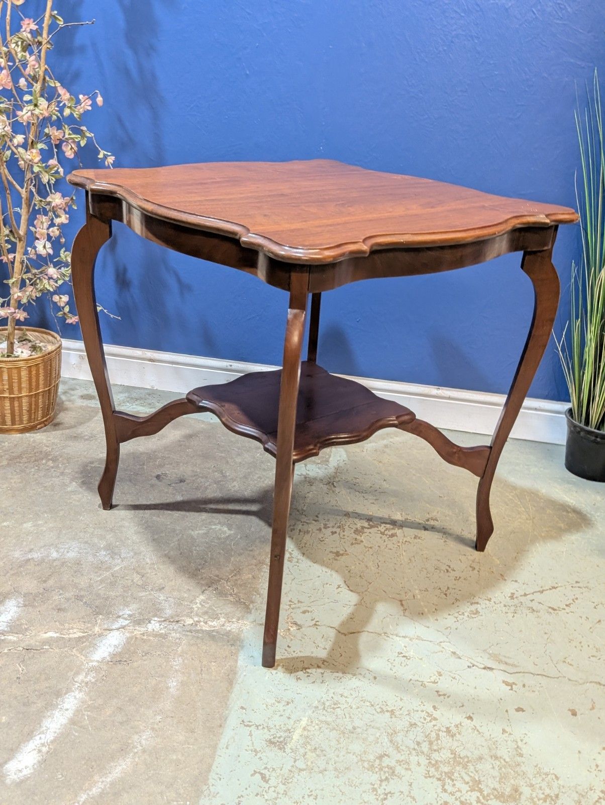 photo furniture Antique Mahogany Side Table Wooden Art Deco Window  Scalloped Top 2 Tier End