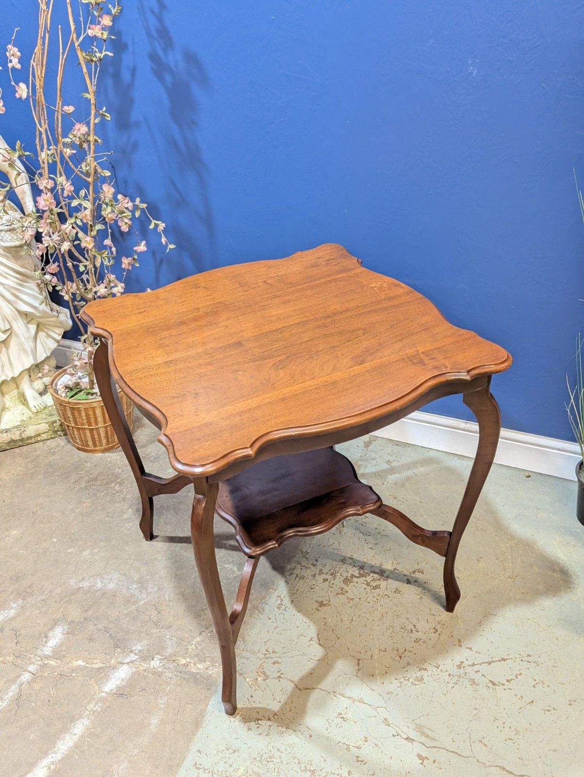 Furniture Antique Mahogany Side Table Wooden Art Deco Window  Scalloped Top 2 Tier End photo