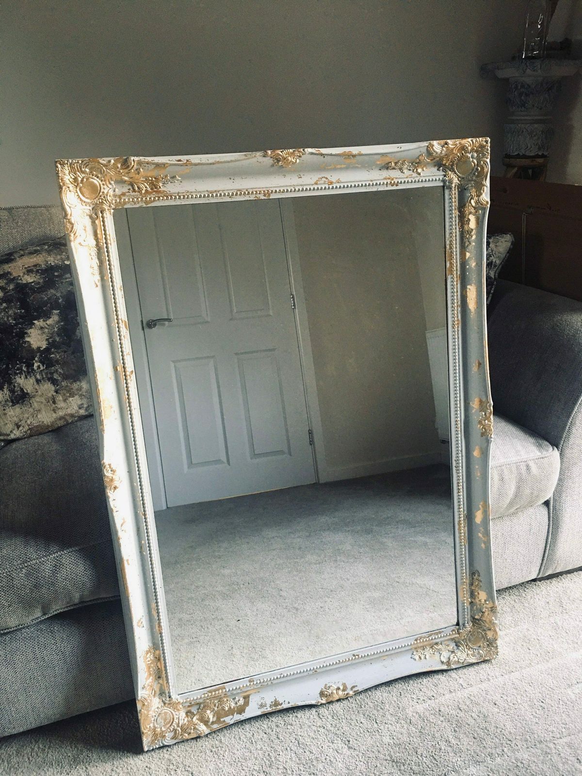 Large Mirror French Baroque Antique Ornate Painted Grey And Gold Leaf photo furniture