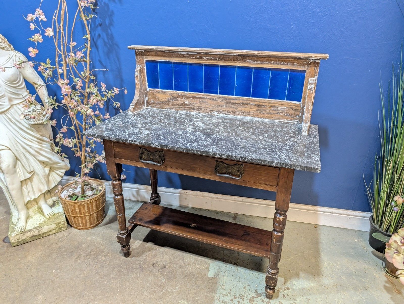 Victorian Oak Marble Top Washstand With Blue Tiled Back Cupboard Pot Cabinet photo furniture