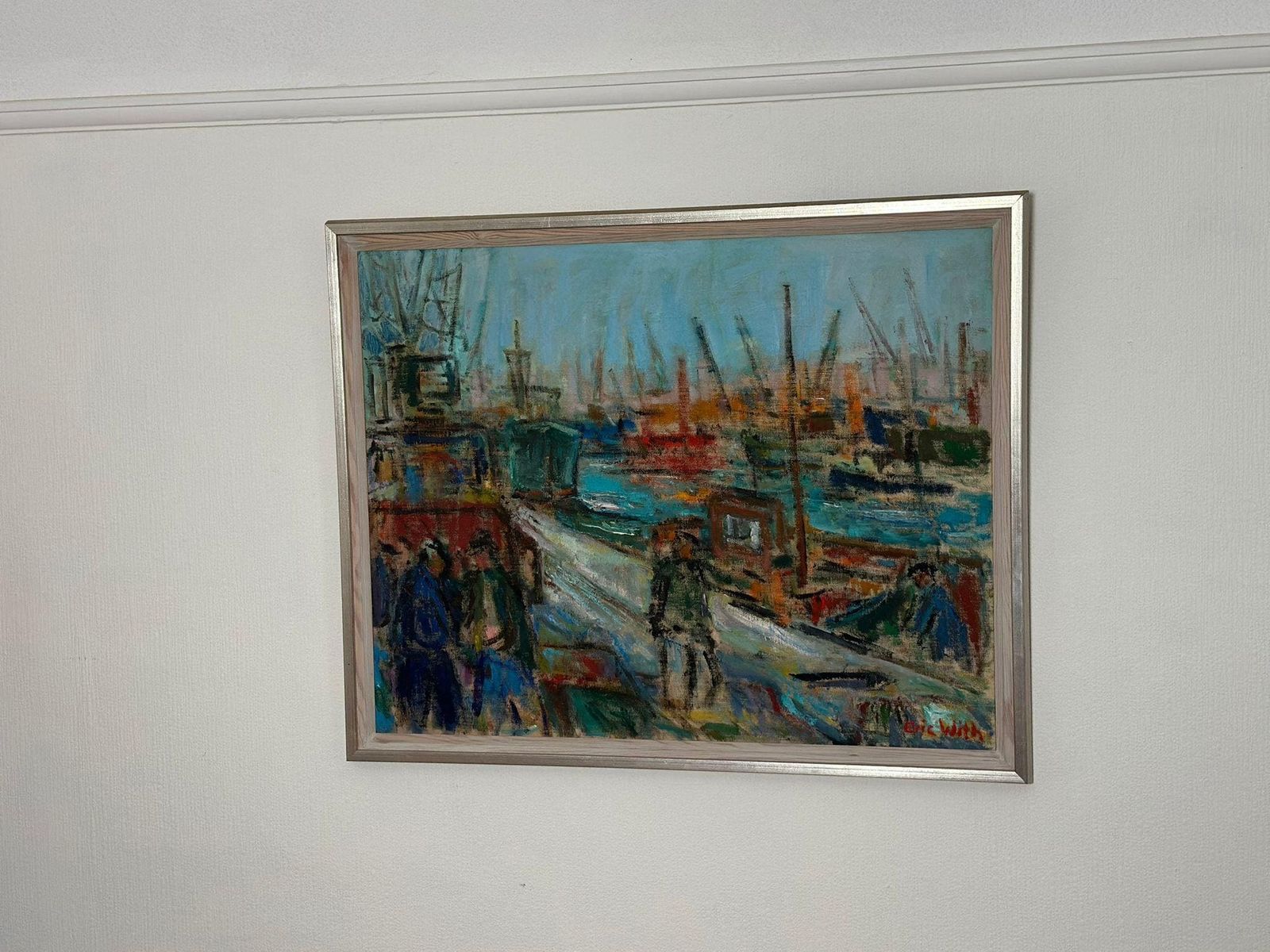 Original Mid Century Swedish Oil On Canvas – “Port Of Gothenburg” By Eric With – Vintage & Framed – 74.5 × 92.5 Cm (29.3" × 36.4") photo vinterior