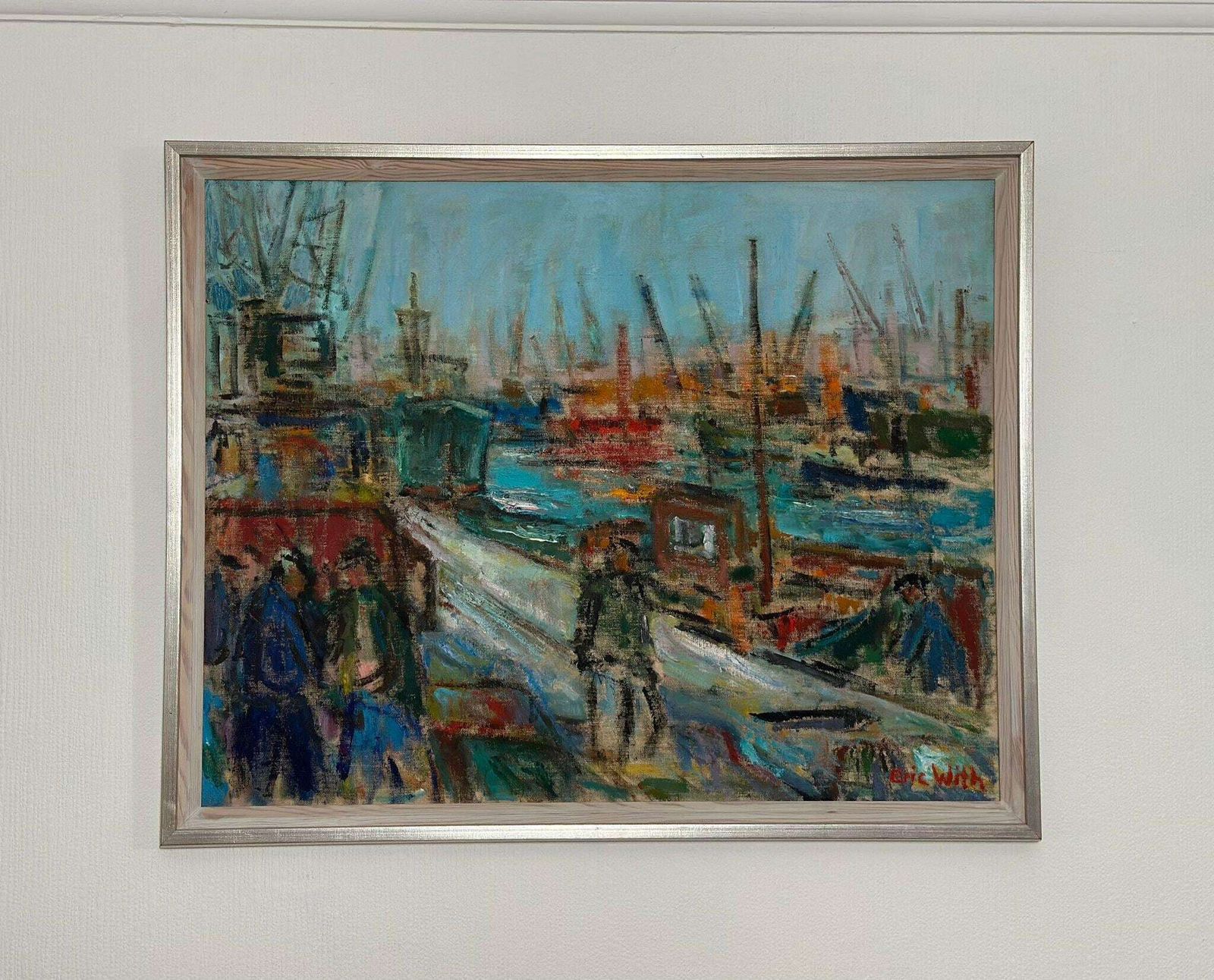 photo furniture Original Mid Century Swedish Oil On Canvas – “Port Of Gothenburg” By Eric With – Vintage & Framed – 74.5 × 92.5 Cm (29.3" × 36.4")
