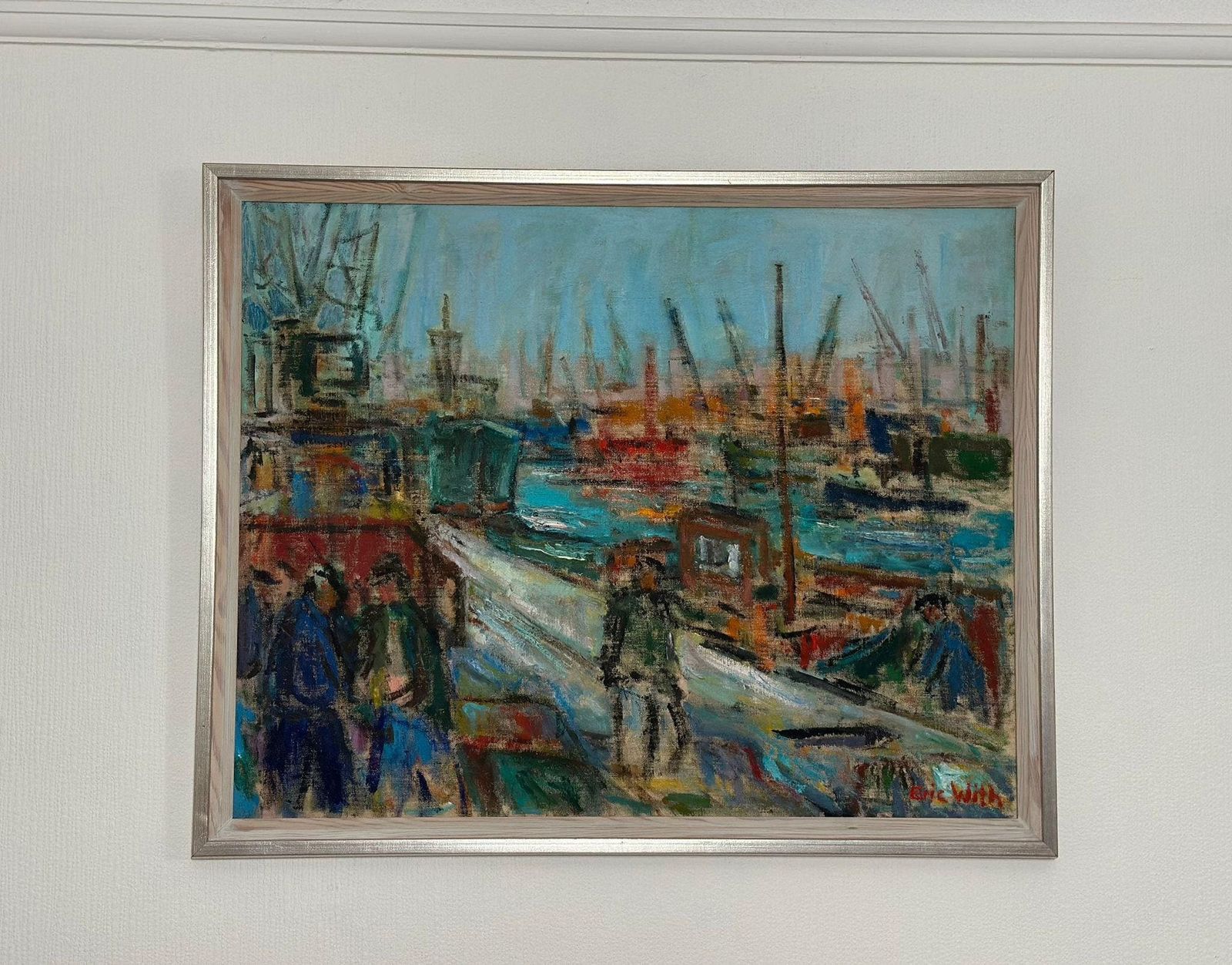 photo for sale Original Mid Century Swedish Oil On Canvas – “Port Of Gothenburg” By Eric With – Vintage & Framed – 74.5 × 92.5 Cm (29.3" × 36.4")