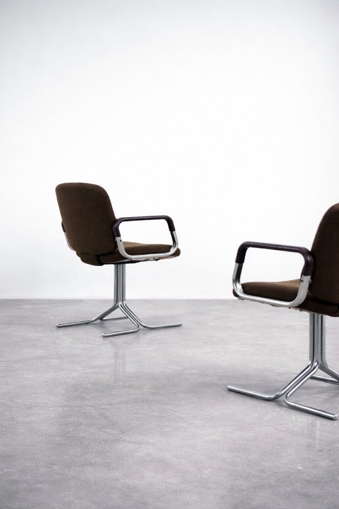 2106.0 Mid Century Modern German Modern Brown Fabric And Aluminum Chairs By Herbert Hirche For Mauser Werke Waldeck, 1970s, Set Of 2 photo
