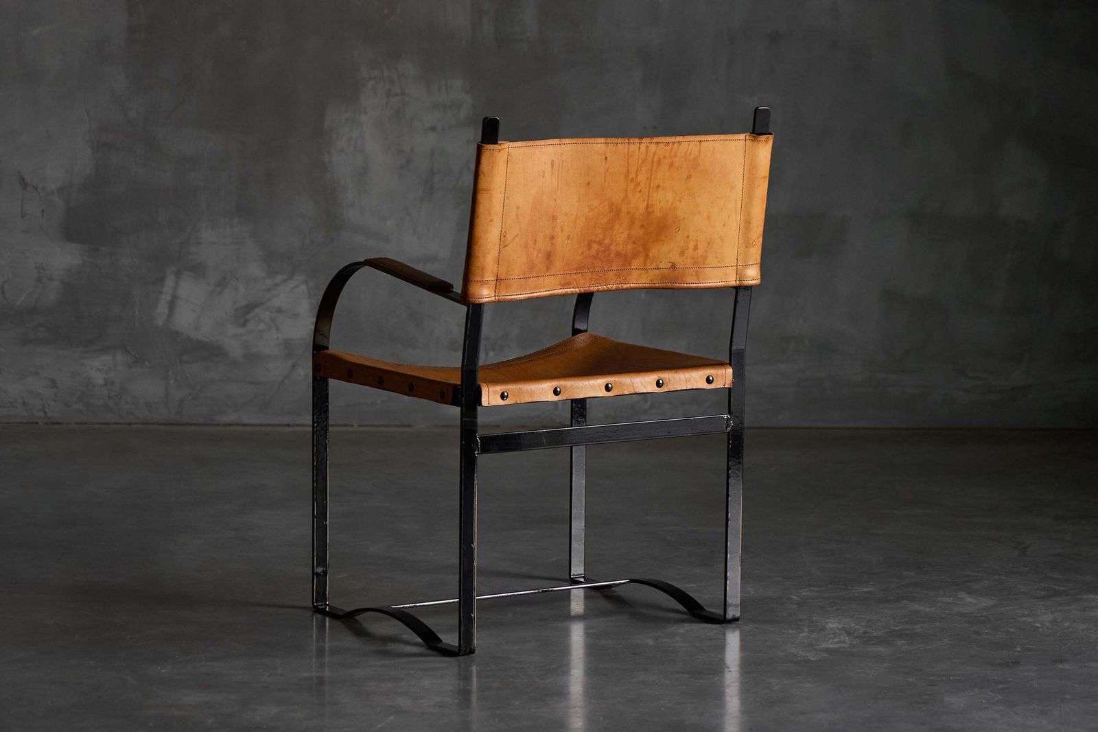 Cognac Leather Armchair, Black Lacquer Steel Frame, Belgium, 1960s photo vinterior