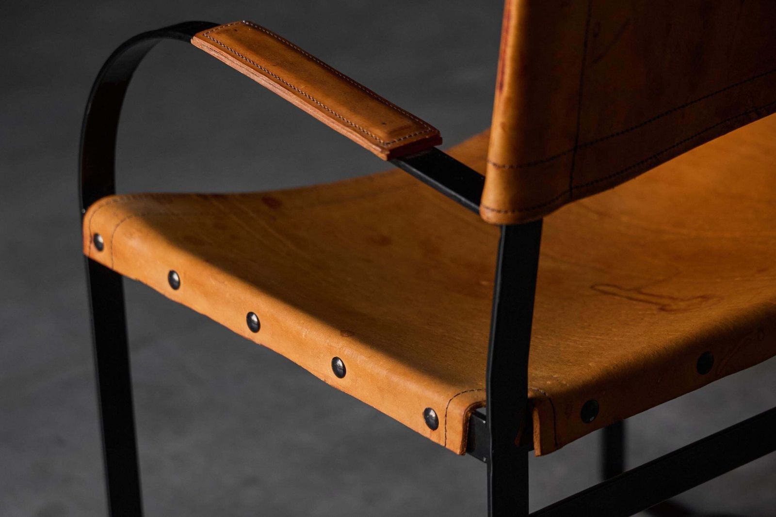 Cognac Leather Armchair, Black Lacquer Steel Frame, Belgium, 1960s photo buy
