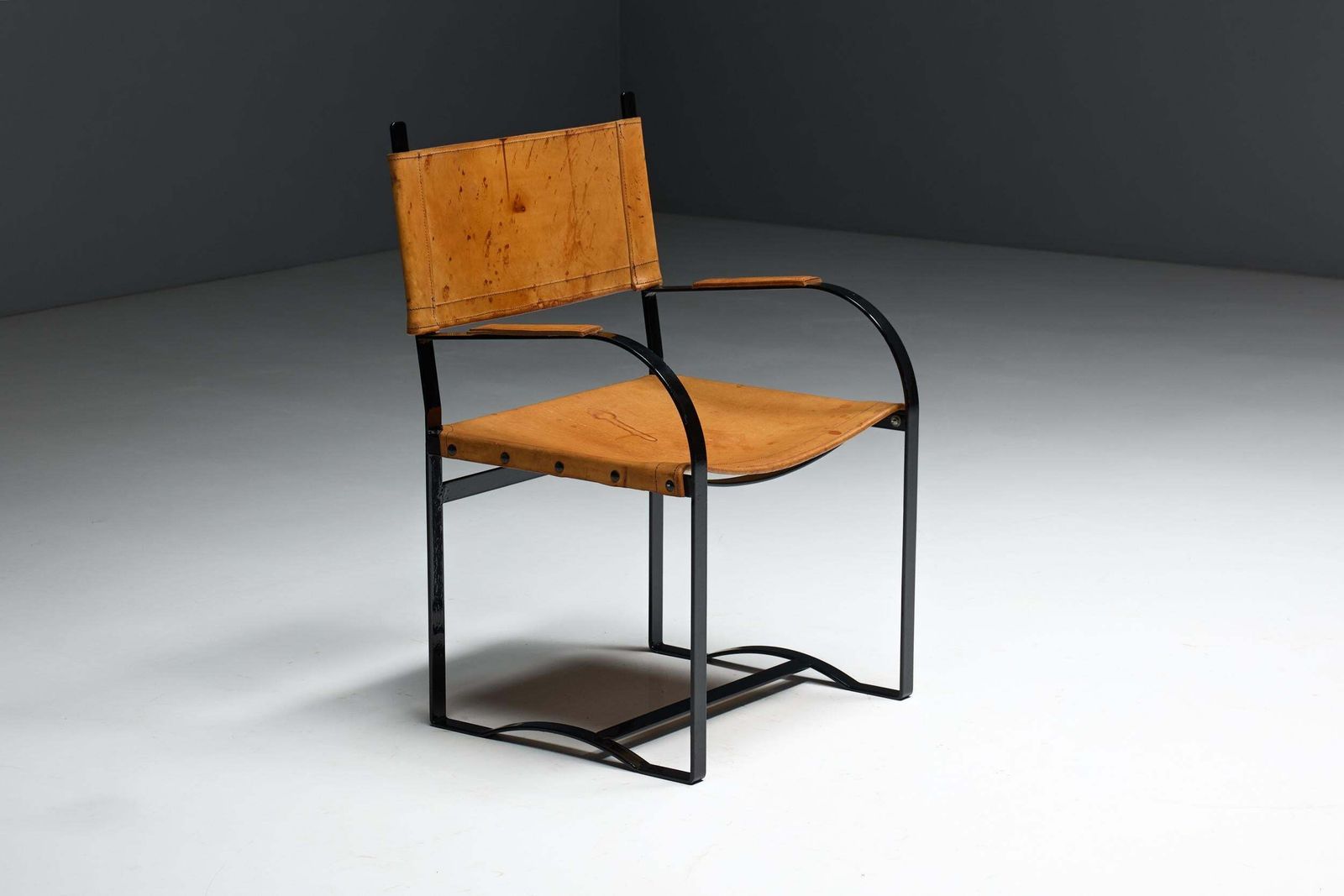 photo vinterior Cognac Leather Armchair, Black Lacquer Steel Frame, Belgium, 1960s