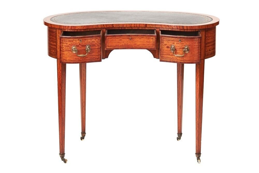 Fine Sheraton Revival Satinwood Inlaid Writing Table Circa 1880s photo furniture