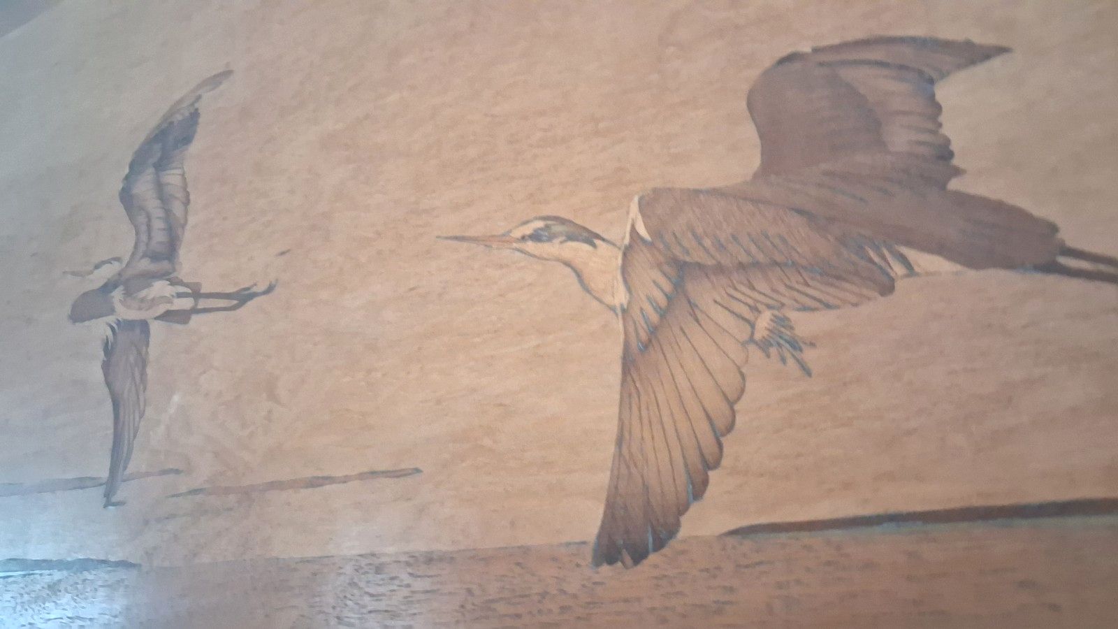 Superb 1960's Mid Century Marquetry "Herons In Flight "  Wall Hanging , Artwork photo 135.0