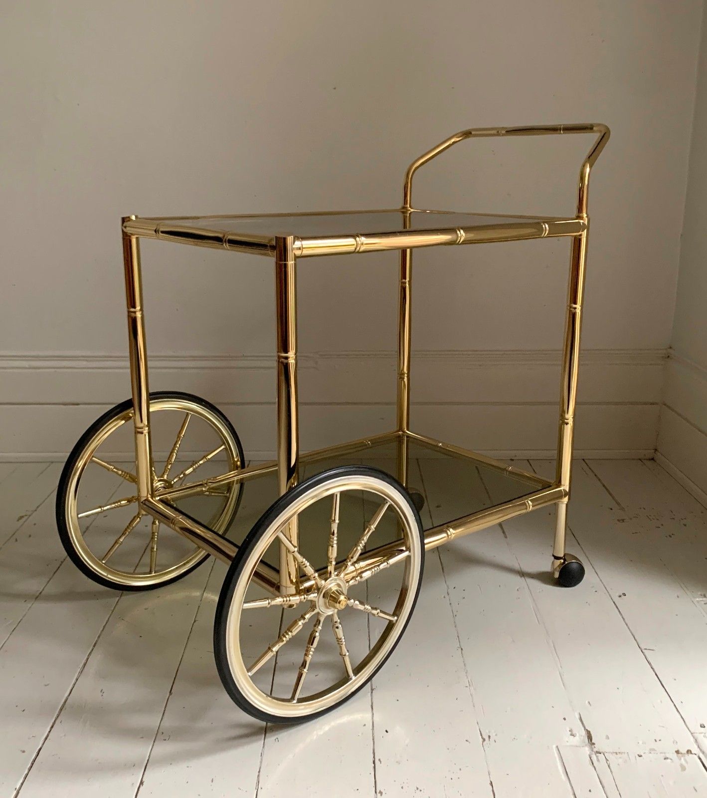 Vintage 1970s Faux Bamboo Two Tier Brass & Glass Cocktail Drinks Trolley Bar