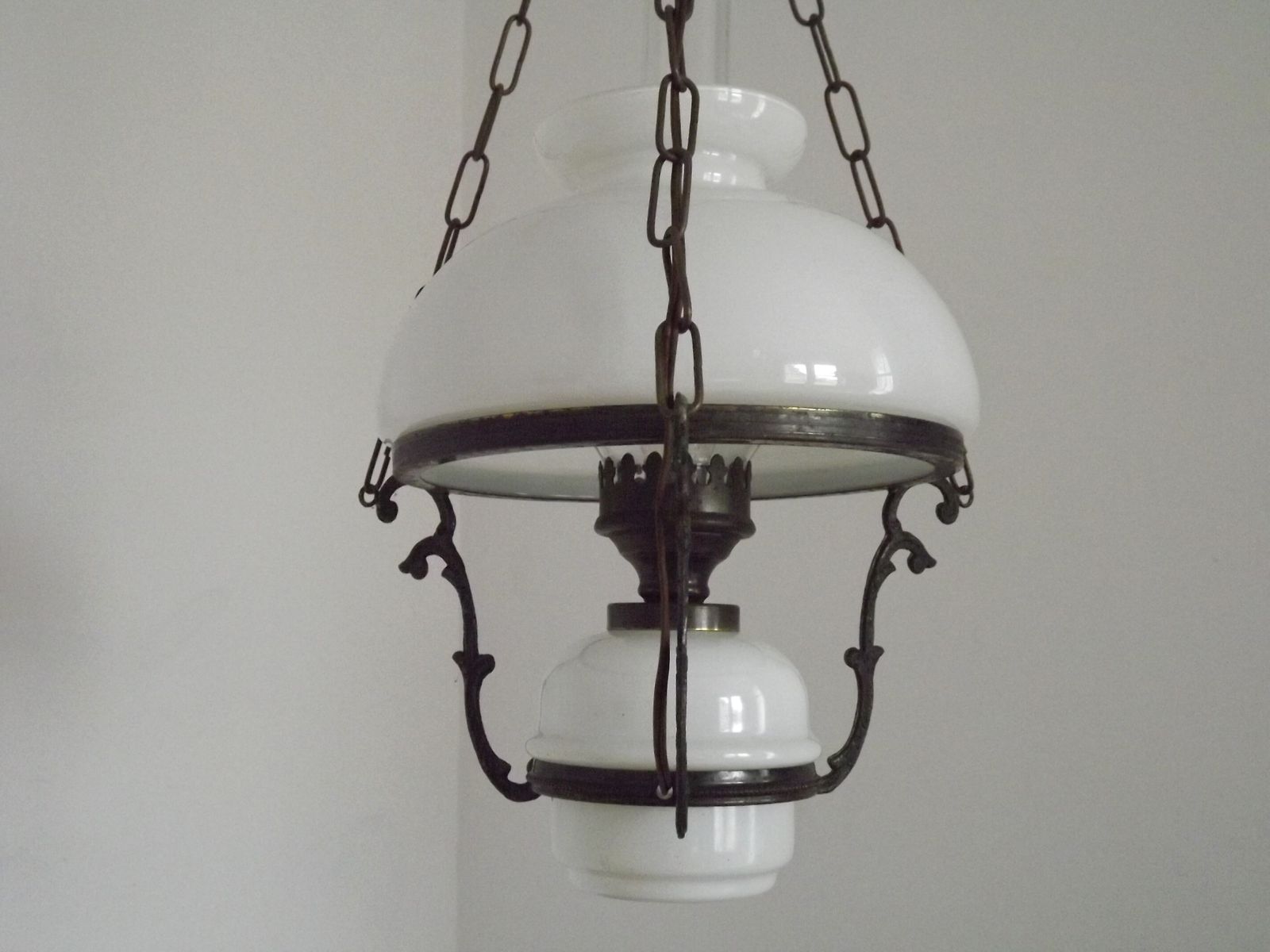 photo furniture French Vintage Bronze Effect Metal And Glass Hanging Lantern Ceiling Light With White Shade And Glass Funnel