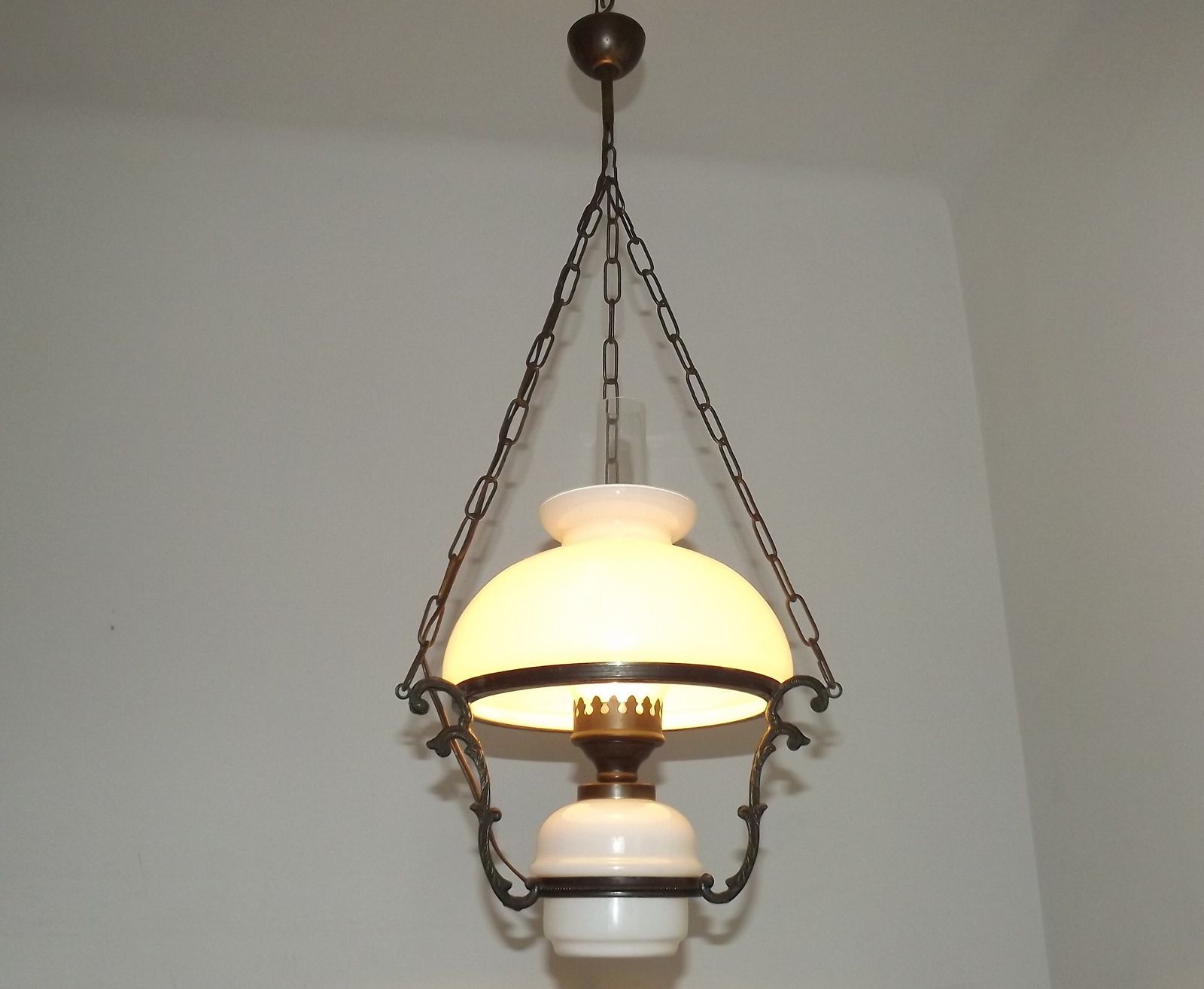 photo buy French Vintage Bronze Effect Metal And Glass Hanging Lantern Ceiling Light With White Shade And Glass Funnel