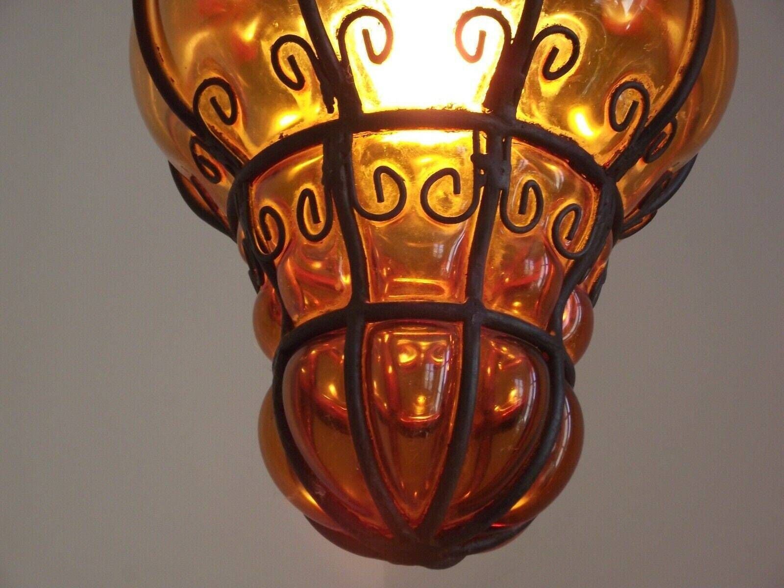 Stunning Venetian Murano Amber Glass Ceiling Fixture – Antique Blown Cage Light. Venetian Handblown Masterpiece. Amber Venetian Cage Design. photo 199.0