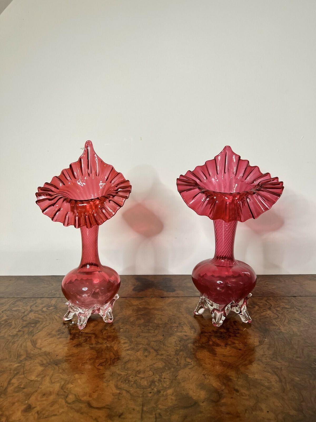 Quality Pair Of Antique Cranberry Glass Jack In The Pulpit Vases photo for sale