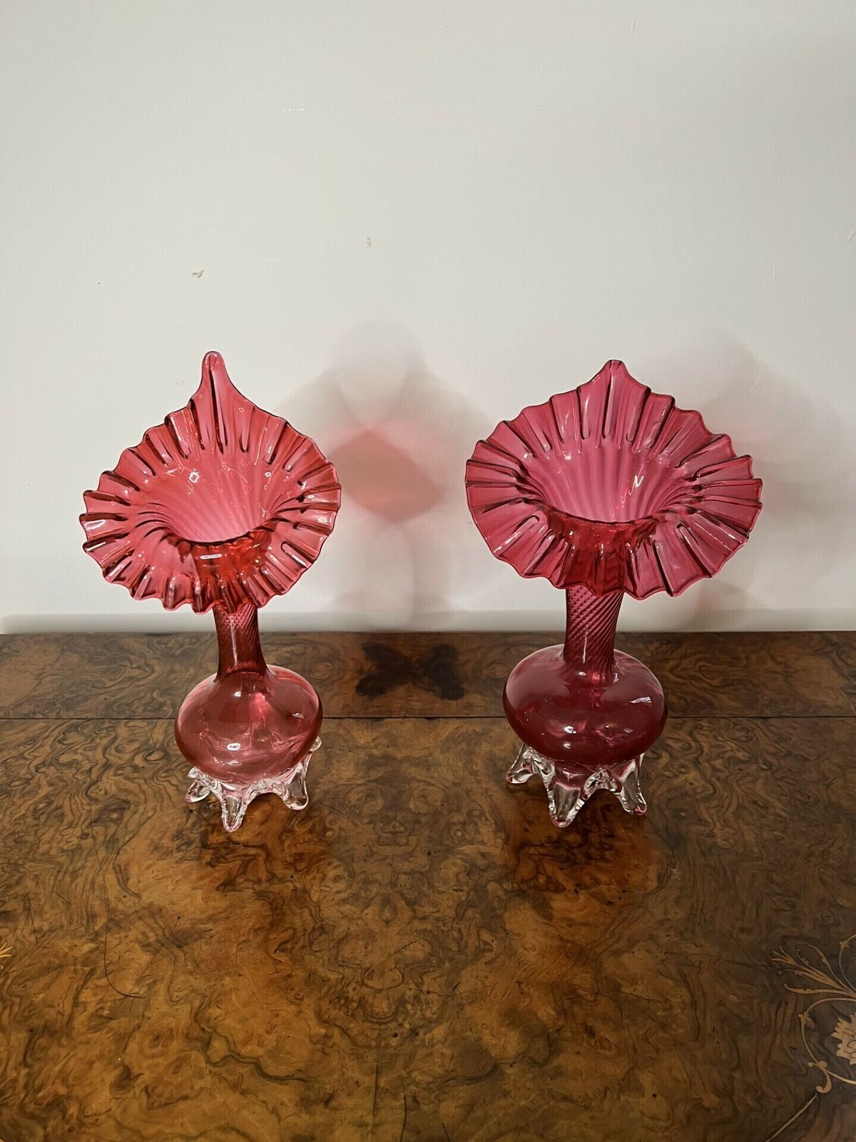 Quality Pair Of Antique Cranberry Glass Jack In The Pulpit Vases photo 375.0