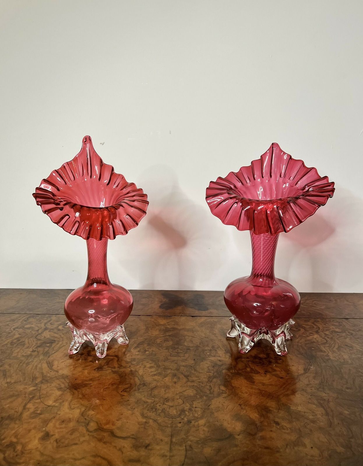 Quality Pair Of Antique Cranberry Glass Jack In The Pulpit Vases