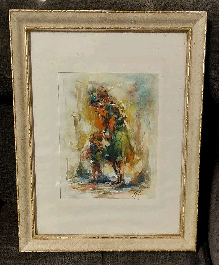 Detail Watercolor On Paper 1950s Signed Wooden Frame