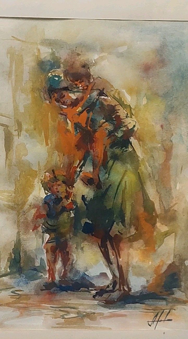 Detail Watercolor On Paper 1950s Signed Wooden Frame photo furniture