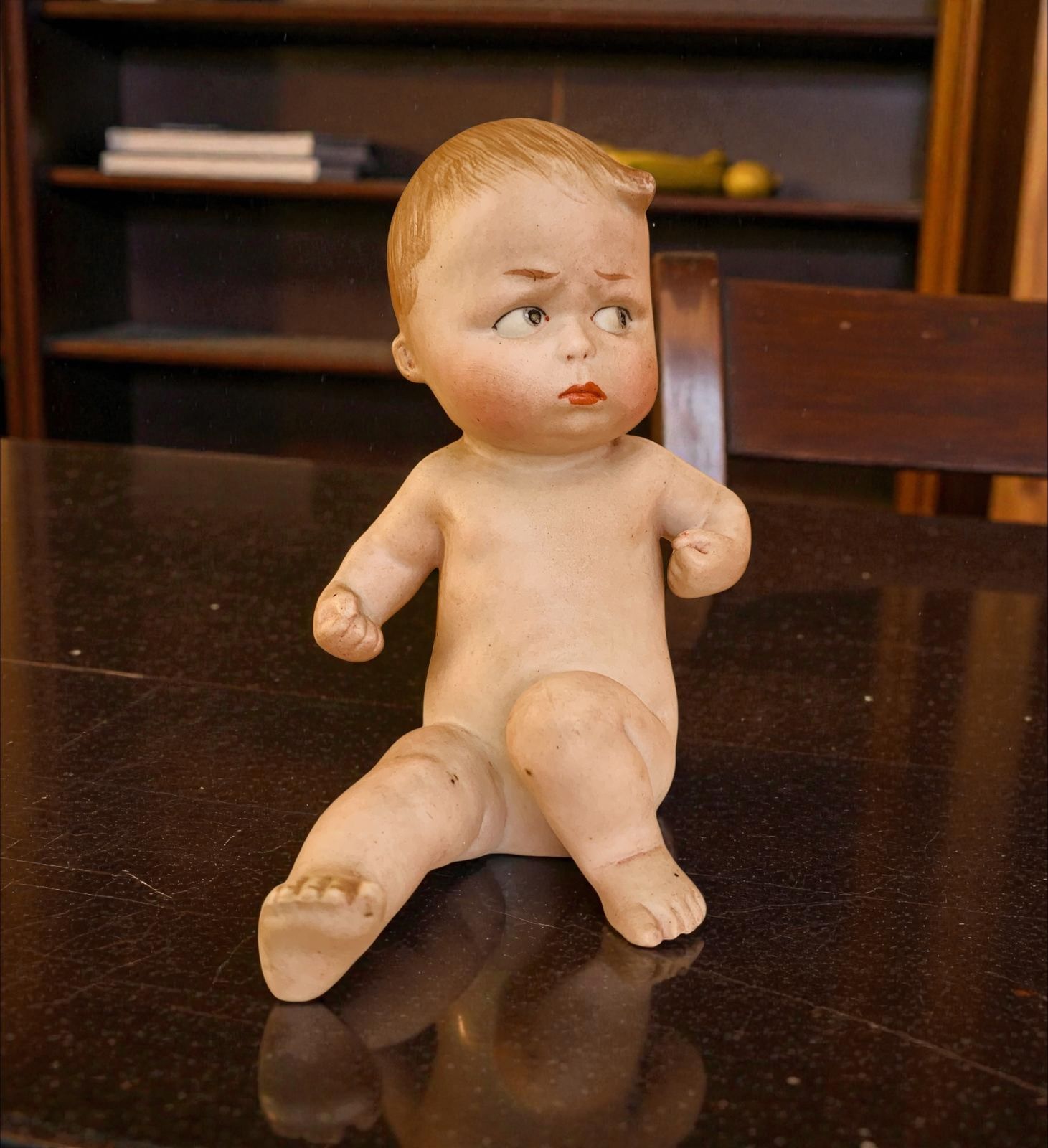 Antique 1880's  German Gebrüder Heubach Bisque Figurine Piano Baby 'Tough Guy' photo vinterior