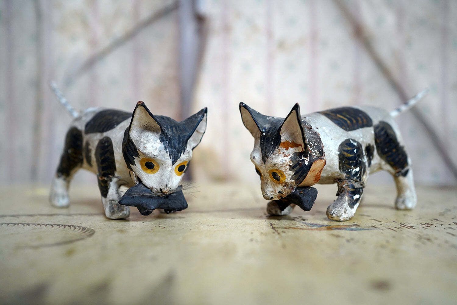A Rare Pair Of 19thc Papier Mâché Nodding Cats & Mice C.1880