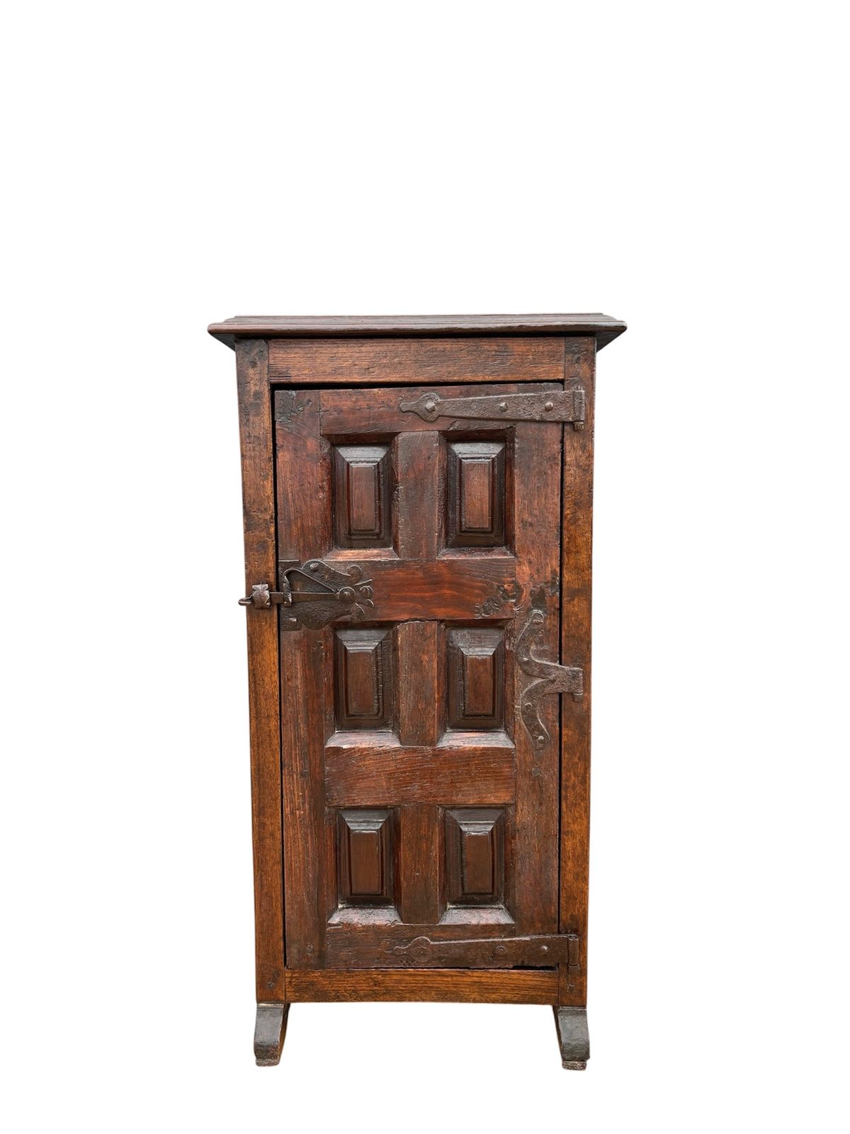 Spanish Rustic Solid Oak Cabinet With Paneled Door And Iron Hardware, 1880s