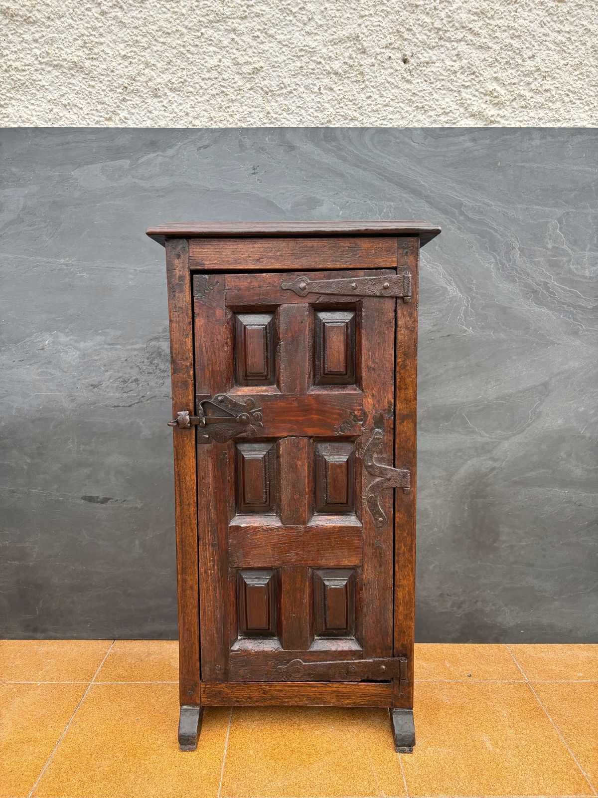 Spanish Rustic Solid Oak Cabinet With Paneled Door And Iron Hardware, 1880s photo furniture