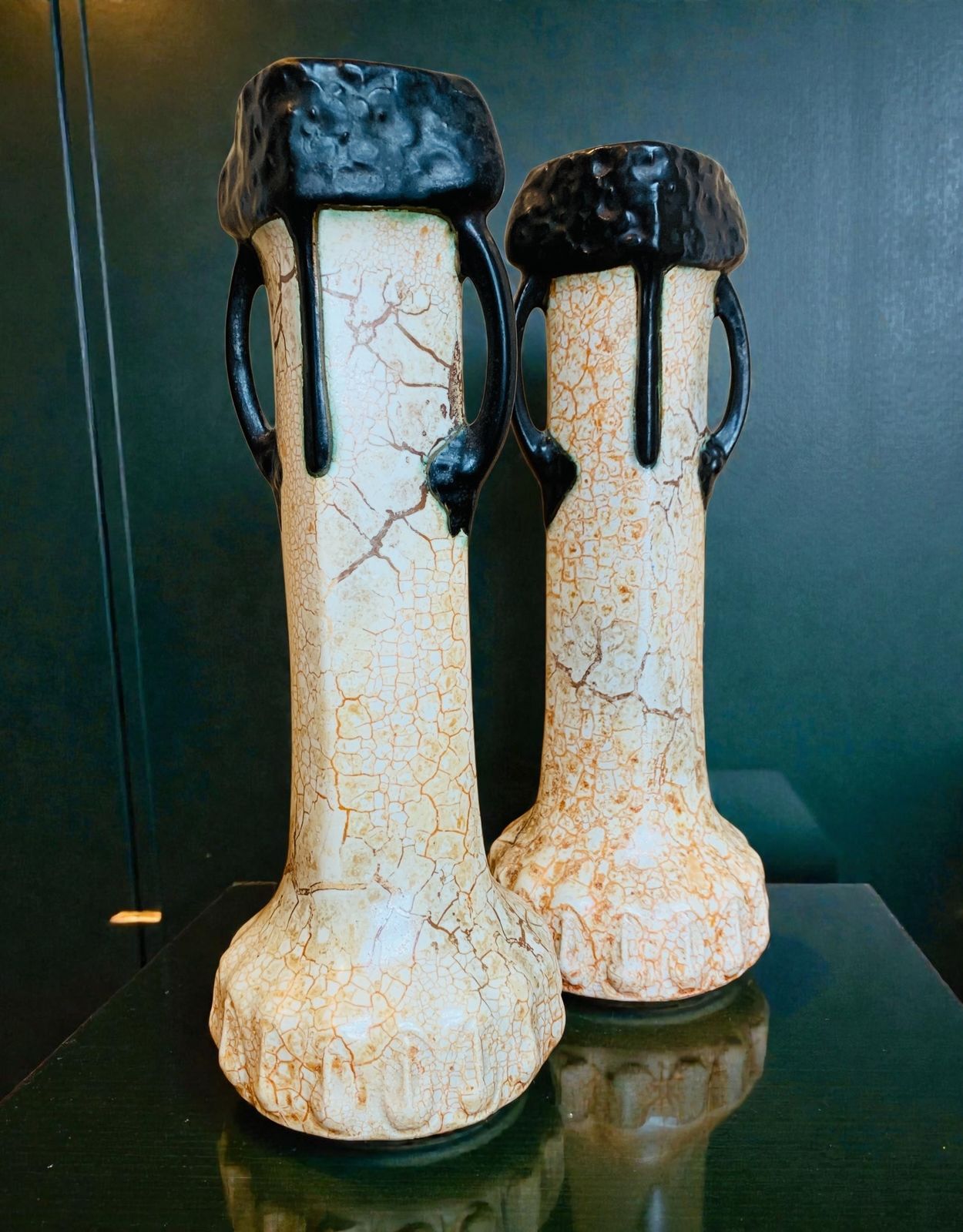 Unusual Pair Of Antique Art Deco, Ditmar Urbach 'Alienware' Double Handled Vases