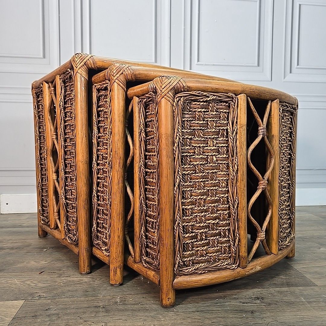 Vintage Nest Of Tables Retro Rattan Boho Mid Century Style Cane Side Nested photo furniture