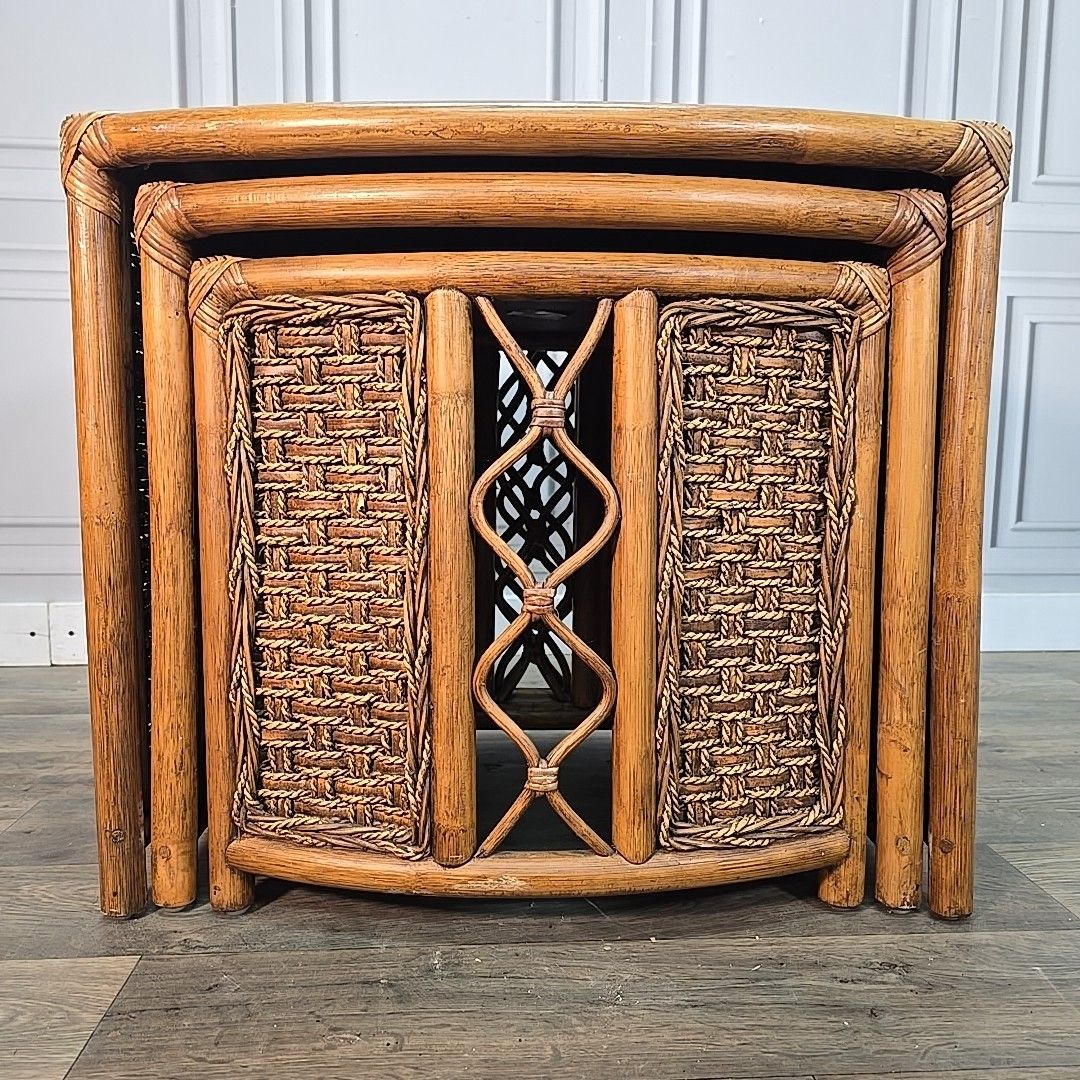 Vintage Nest Of Tables Retro Rattan Boho Mid Century Style Cane Side Nested photo vinterior