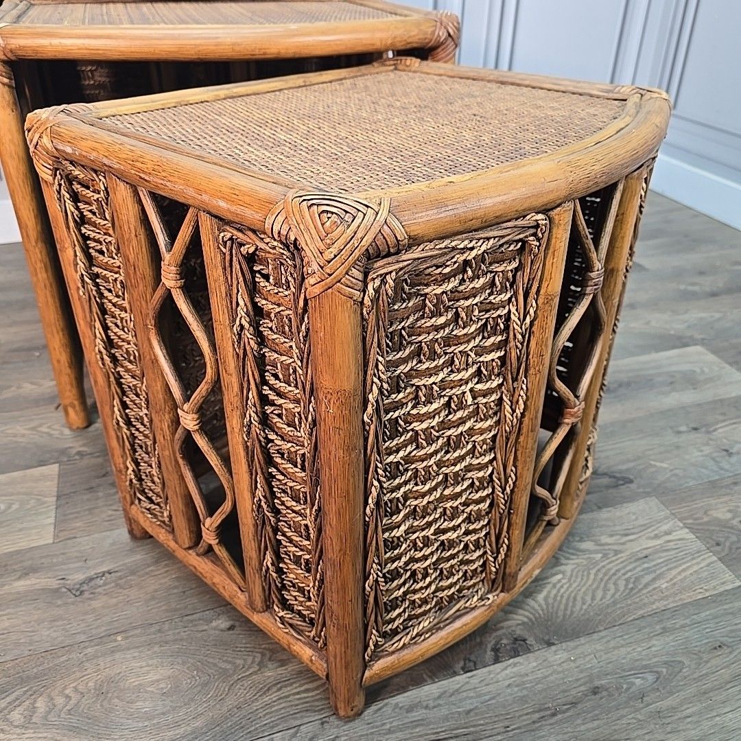 photo buy Vintage Nest Of Tables Retro Rattan Boho Mid Century Style Cane Side Nested