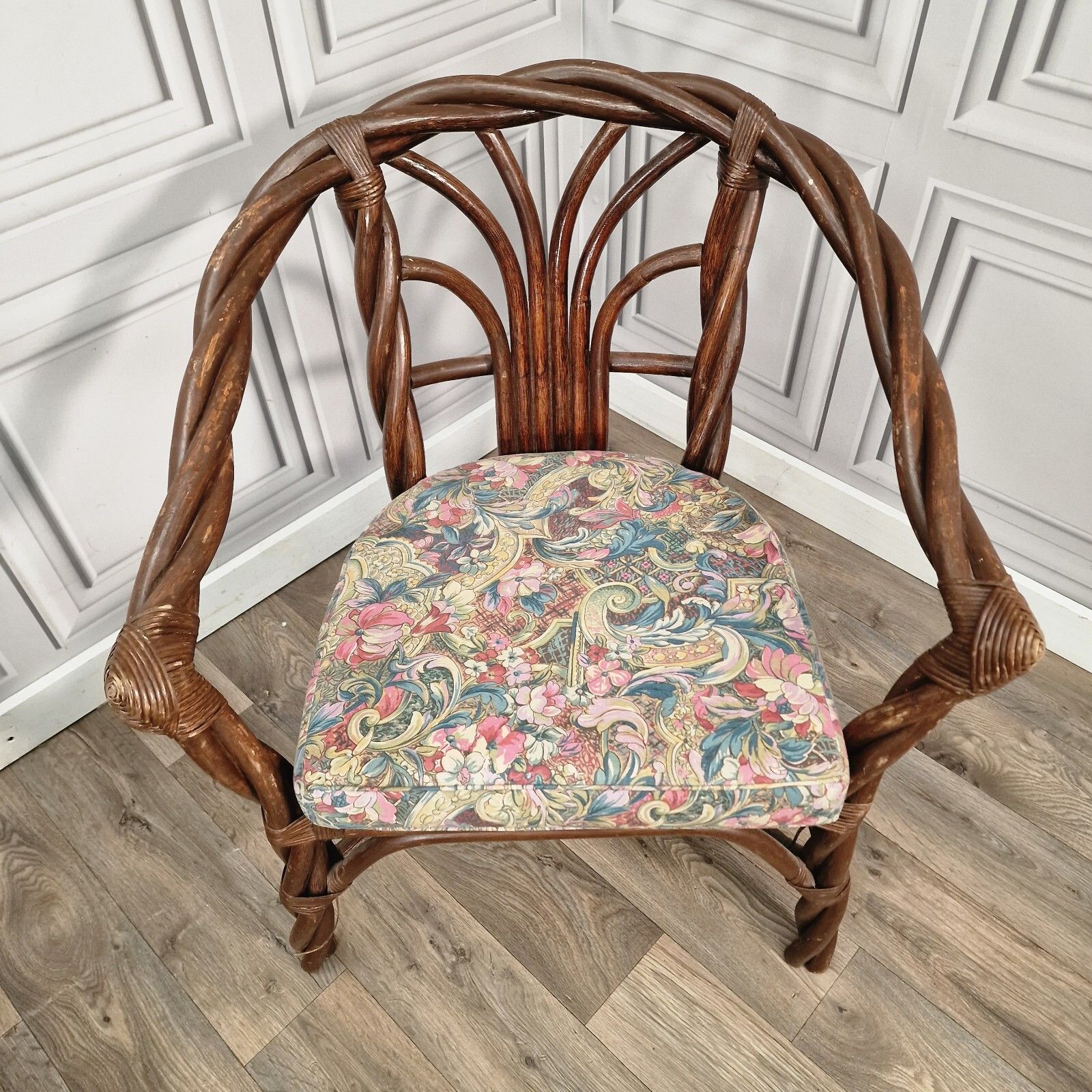 Retro Pair Arm Chairs X2 Twisted Bamboo Wicker Cane Tub Seats Boho Tiki Twist photo 190.0
