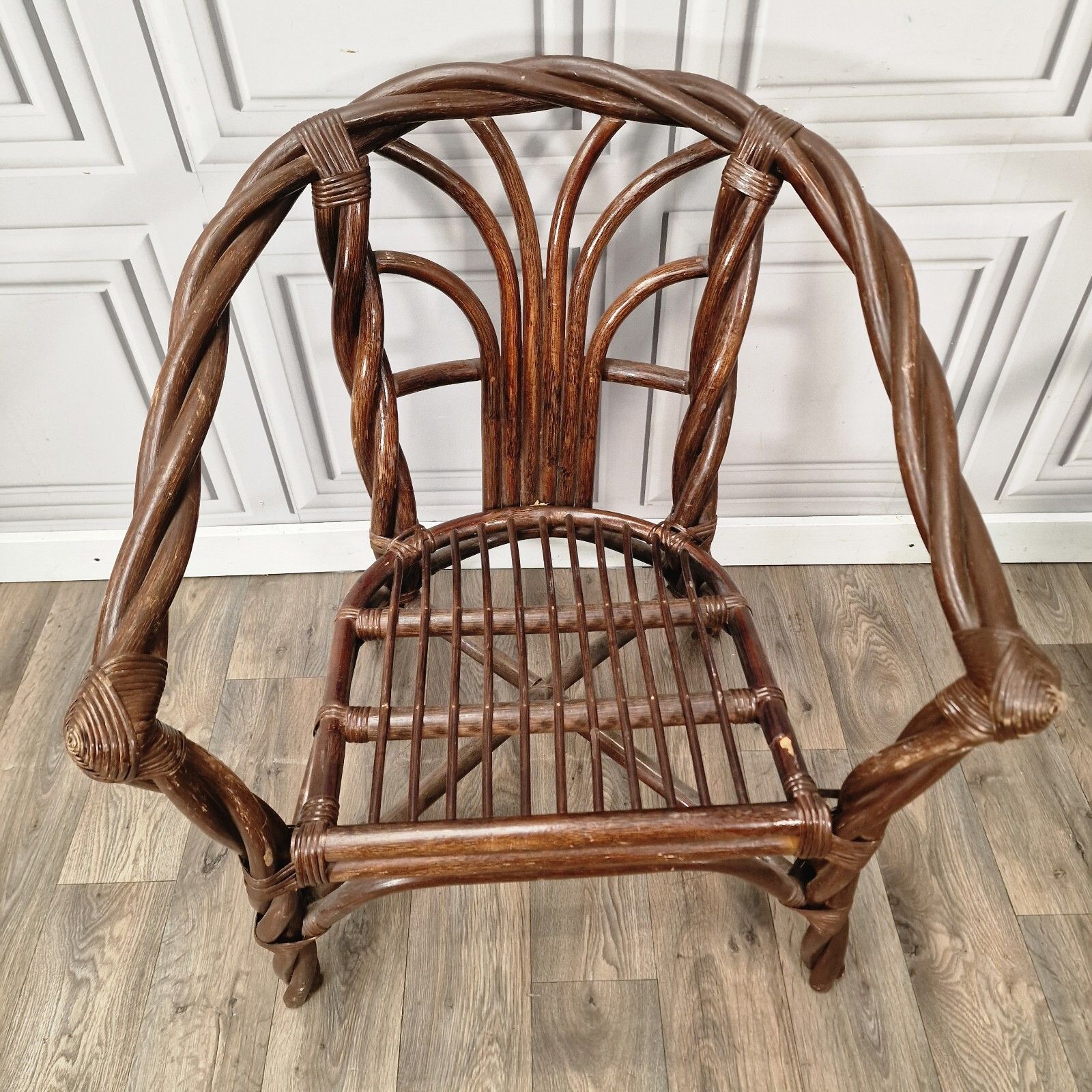 photo for sale Retro Pair Arm Chairs X2 Twisted Bamboo Wicker Cane Tub Seats Boho Tiki Twist