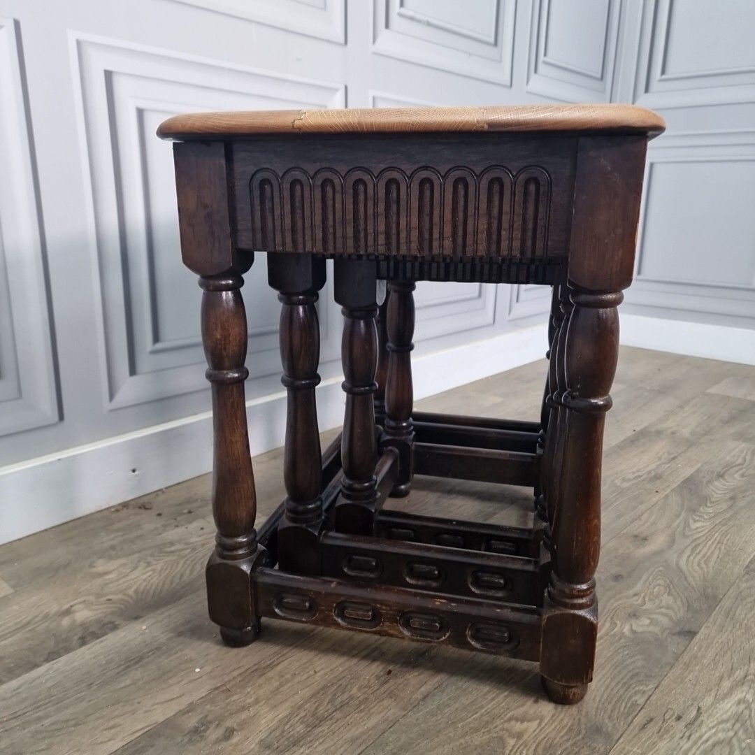 Vintage Nest Of Tables 3 Solid Oak Wooden Coffee Side Lamp Turned Wood Retro photo buy