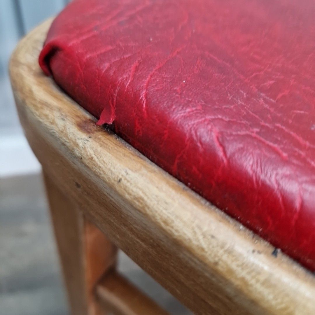 Vintage Wooden Kitchen Stool – Red Vinyl Seat – Mid Century Utility Café Style photo Furniture