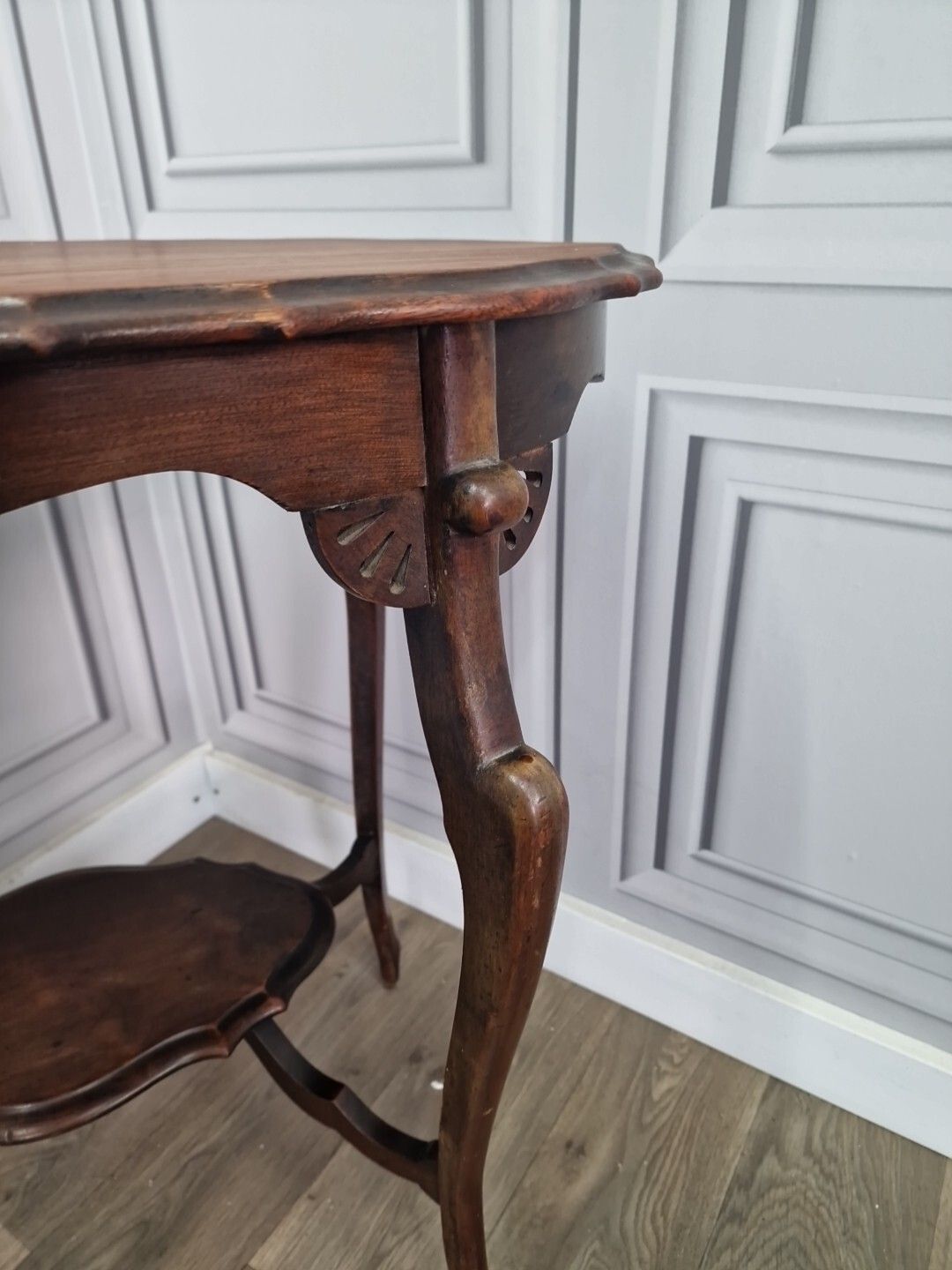 Antique Edwardian End Table Wooden Window Side Scalloped Top 2 Tier Mahogany photo for sale