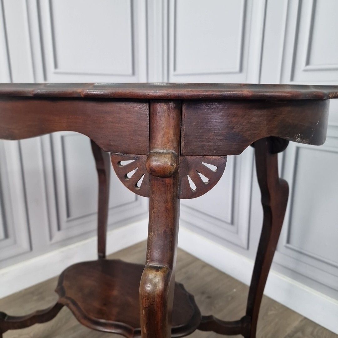 photo vinterior Antique Edwardian End Table Wooden Window Side Scalloped Top 2 Tier Mahogany