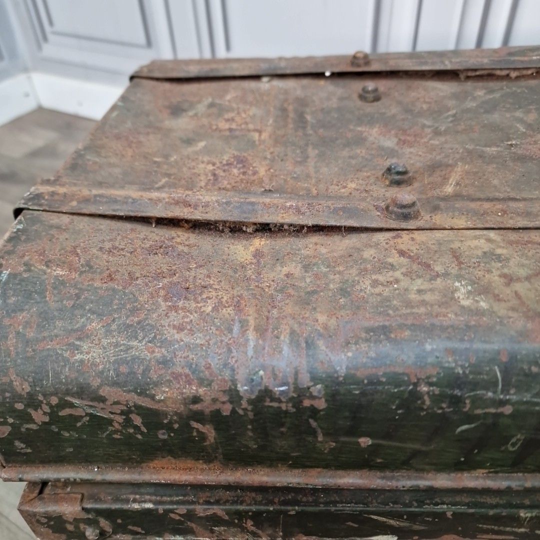 Antique Metal Travel Trunk – Dome Top Tin Chest – Rustic Vintage Storage Planter photo Furniture