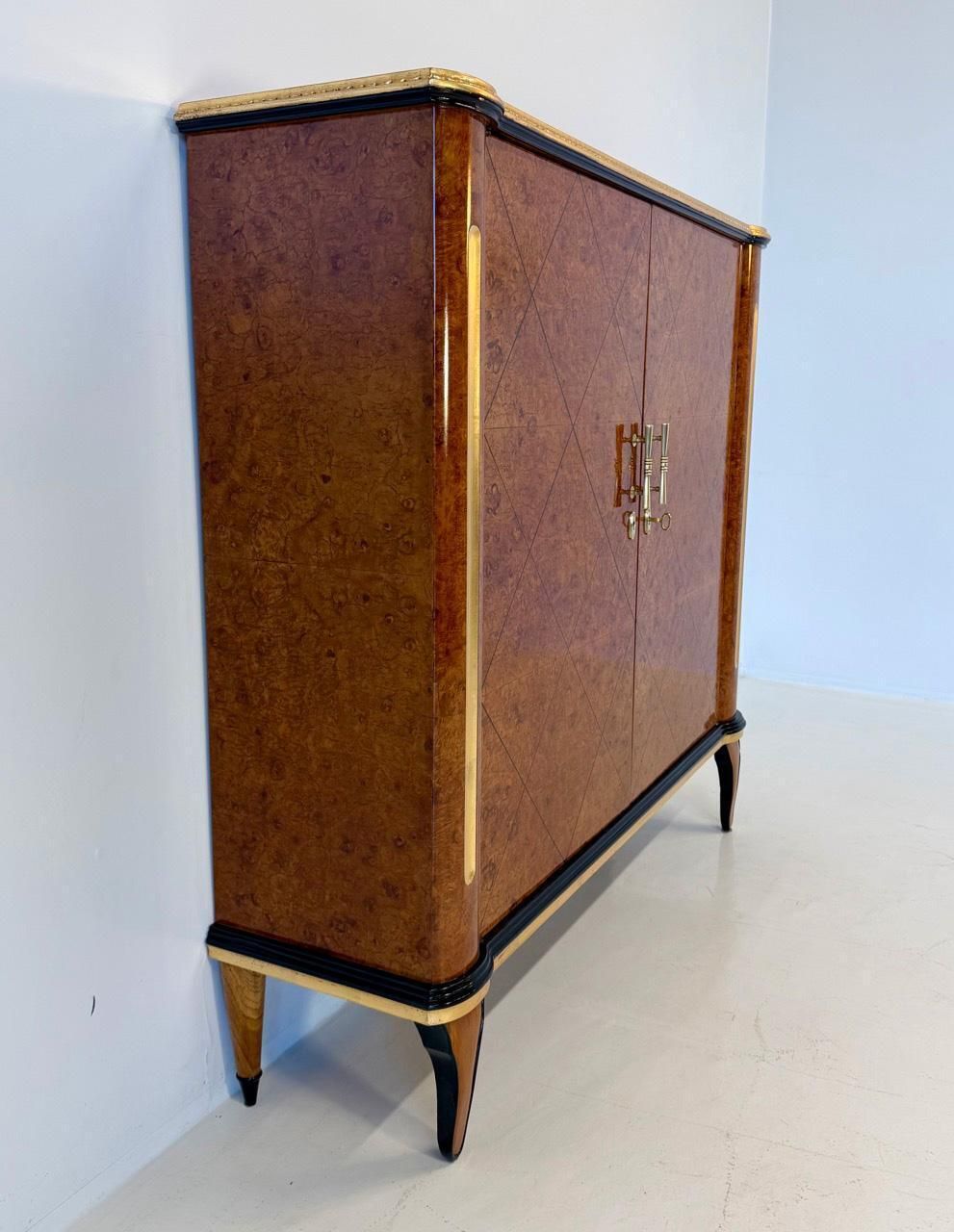 1940s Italian Art Deco Cabinet In Maple Burl With Black Lacquer Details photo vinterior