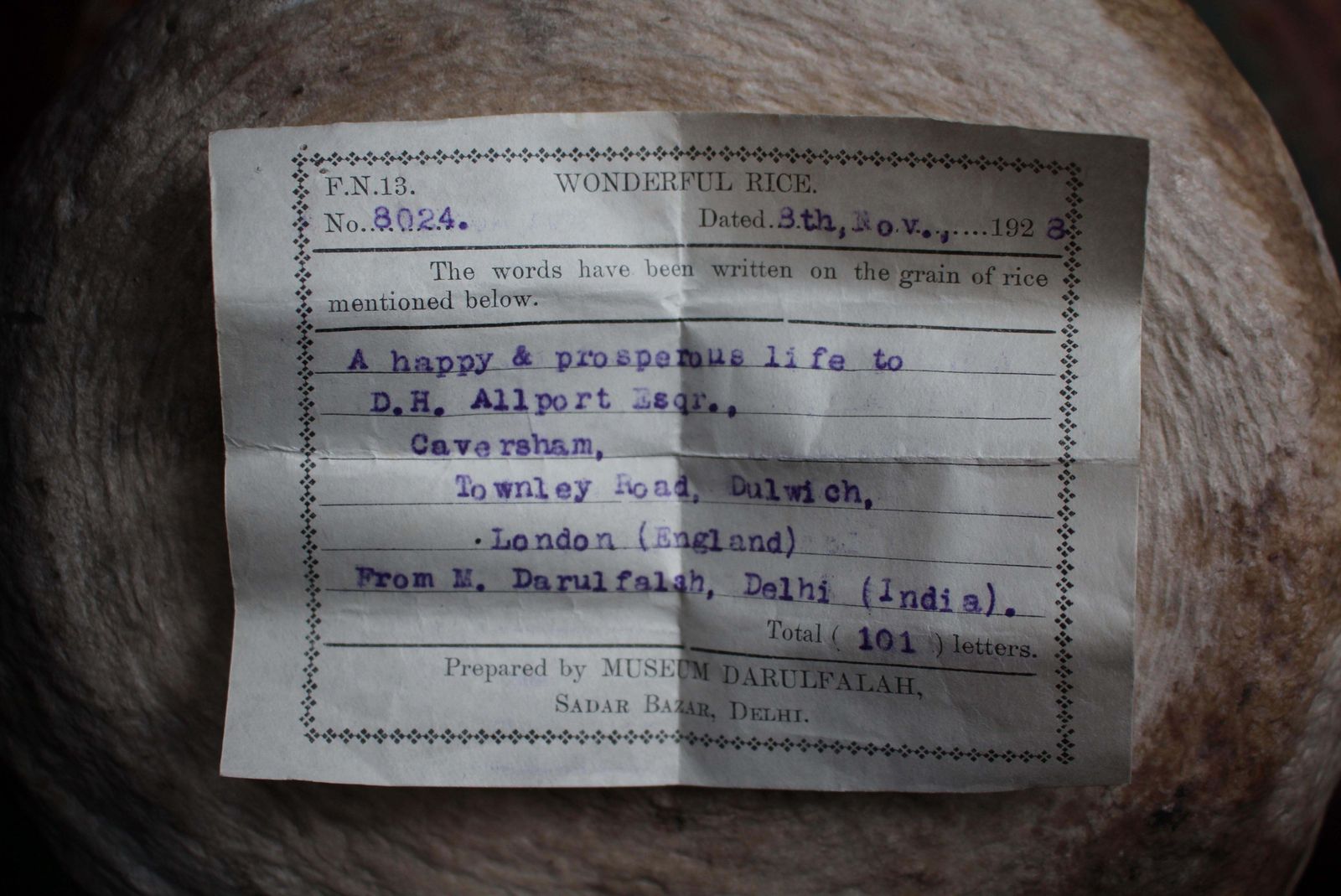 1928 A Wonderful Grain Of Rice 101 Letters Curiosity Delhi To Dulwich Folk Art photo for sale