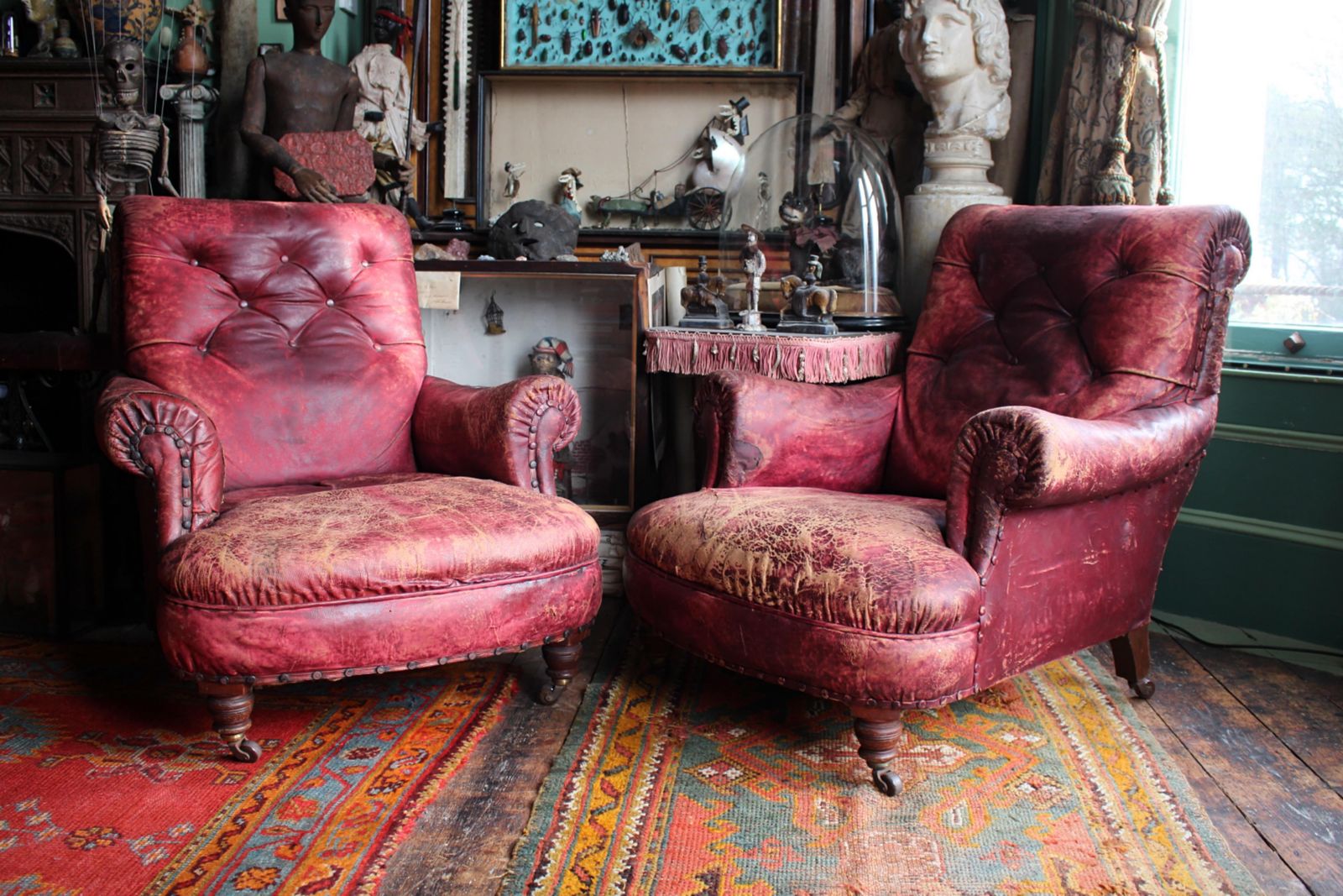 photo for sale Pair Of Late 19th Century Maroon Red Leather Armchairs English Country House