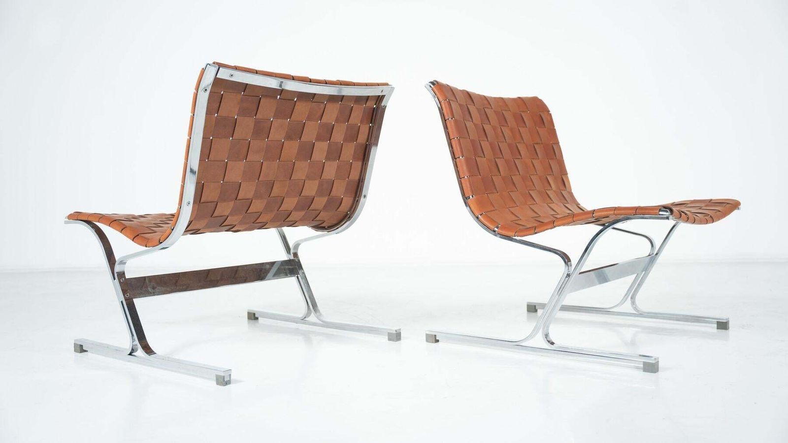 Mid Century Pair Of Lounge Chairs By Ross Littell For Icf, Cognac Leather, Italy photo furniture