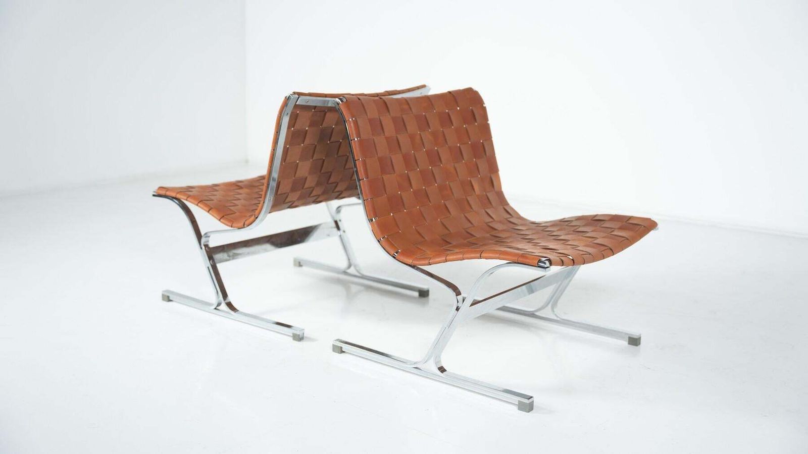 Mid Century Pair Of Lounge Chairs By Ross Littell For Icf, Cognac Leather, Italy photo vinterior