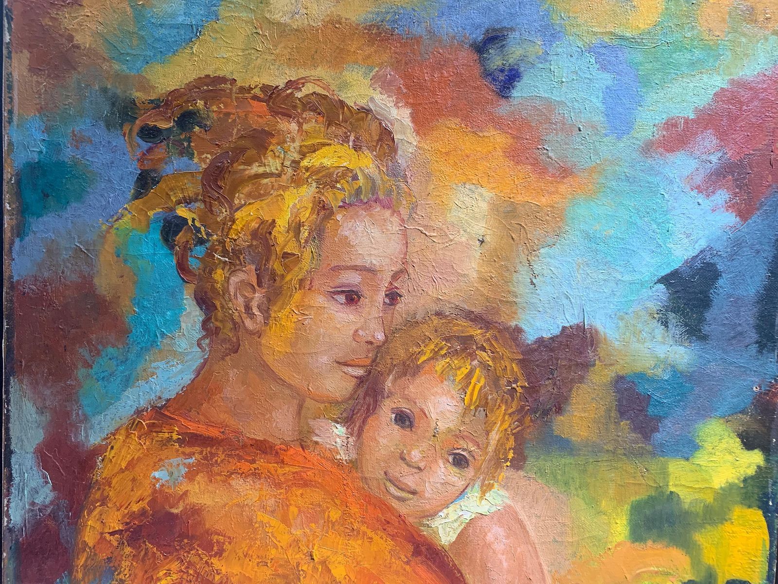 Mid Century Modern Mother And Child Oil Painting By Andrée Marian Paupard Signed photo vinterior