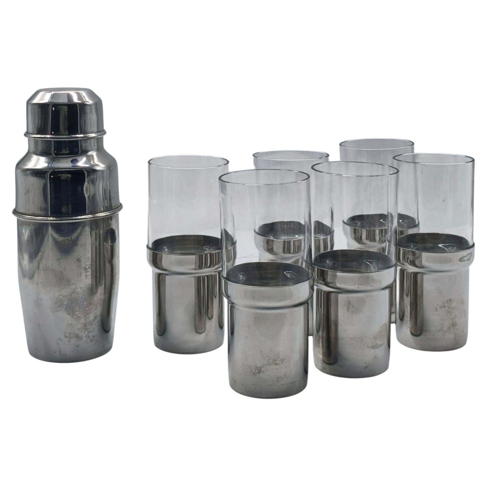 Pran Stainless Steel Shaker And 6 Glasses Set, Italy 1970s