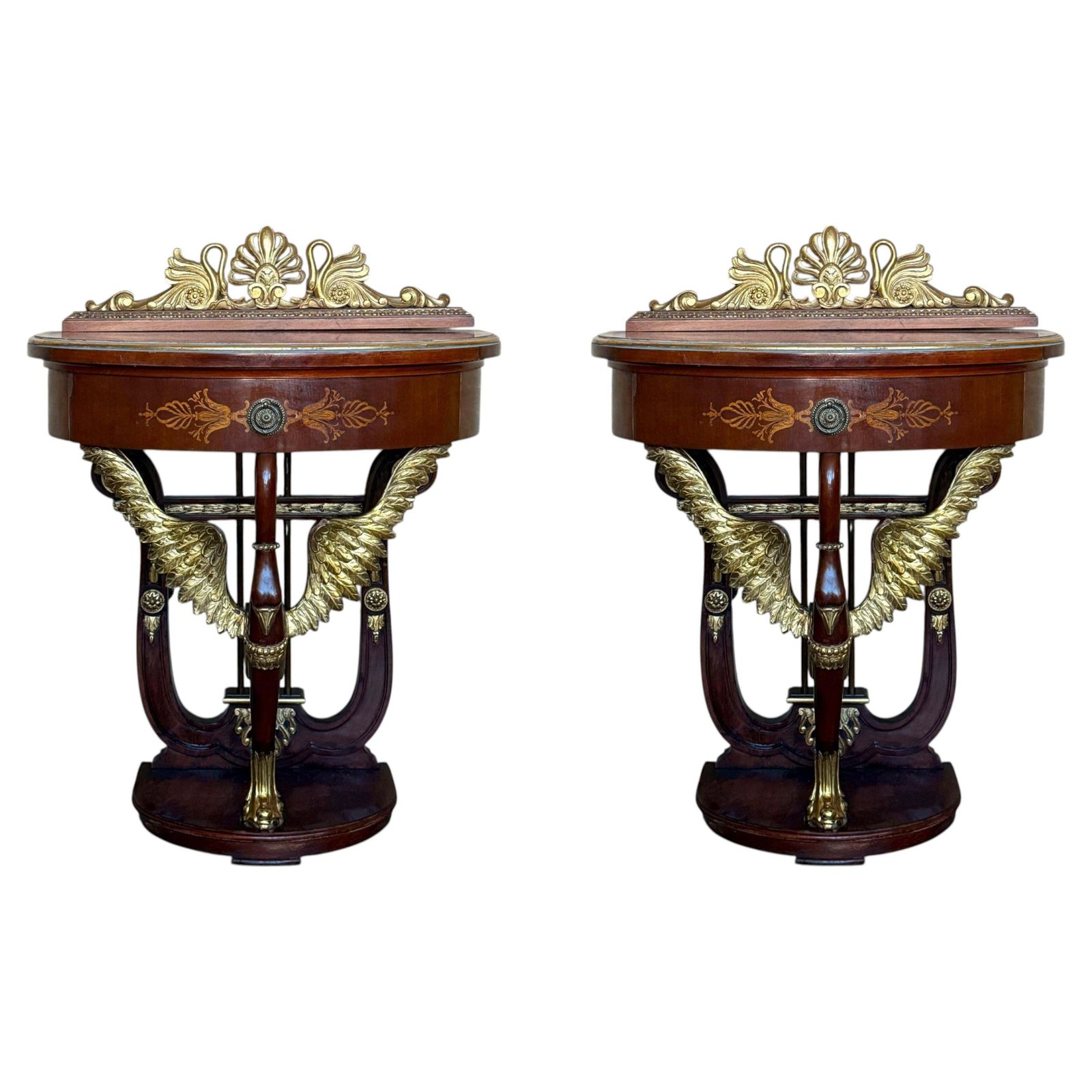 20th Century Pair Of Demilune Swan Nightstands With Marquetry Top And Crest