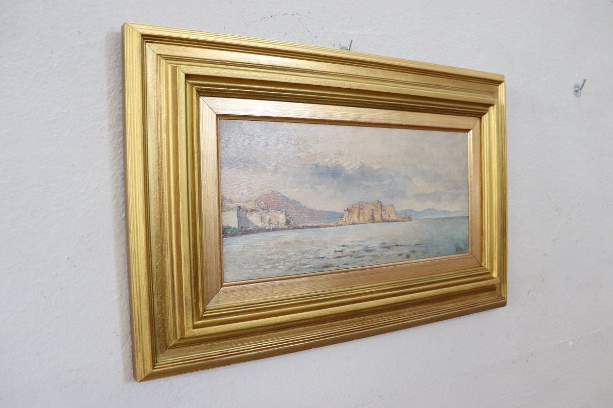 View Of The Gulf Of Naples, Oil Painting On Board, Early 20th Century, Framed photo Art